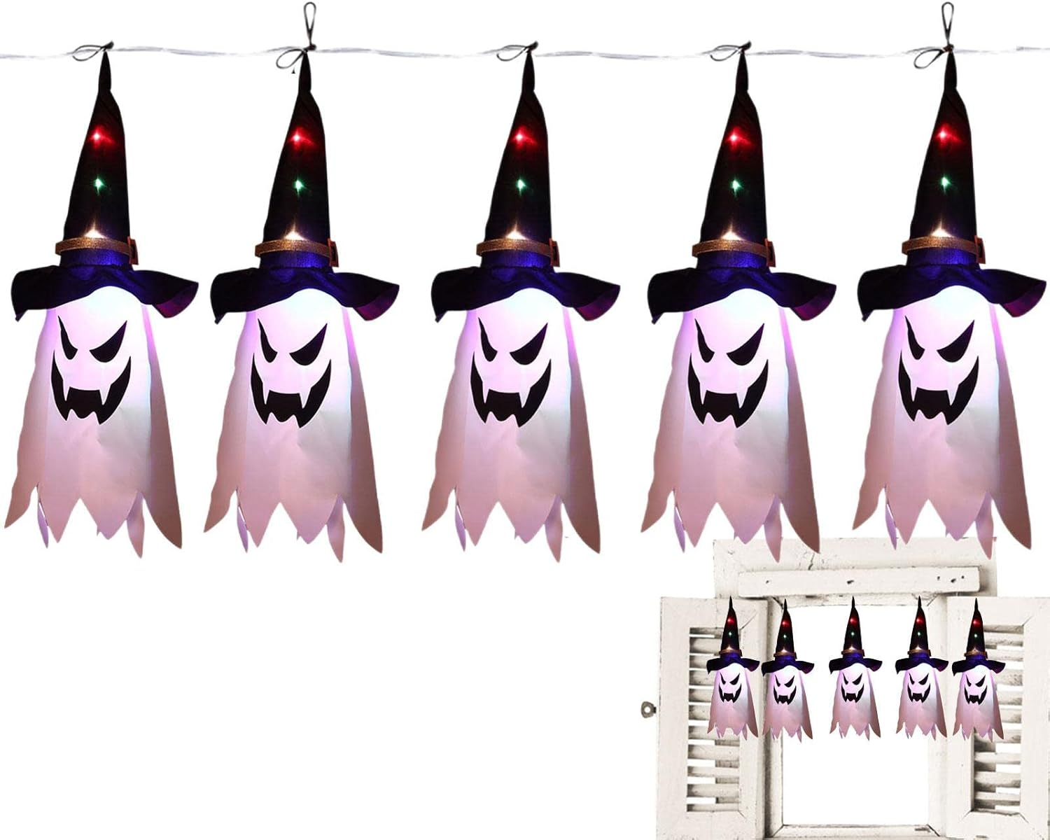 2 Hanging Ghost Lights, 5 Pieces Ghost Wind Socks Light with Witch Hat, IP44 Waterproof Battery Powered Outdoor Hanging Decoration for Garden Patio Lawn Yard Strop-Au