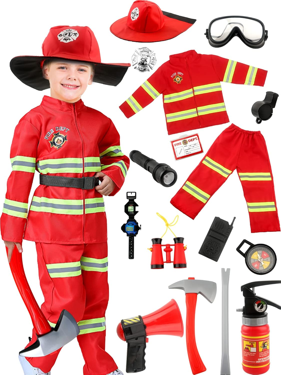 17 Pcs Kids Fireman Costume Set Fire Chief Firefighter Dress up Outfits for Halloween Firefighter Pretend Role Play Toys