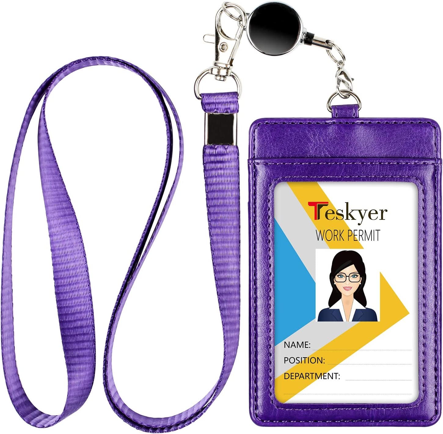 Teskyer ID Badge Holder with Retractable Lanyard, Easy Swipe Premium PU Leather ID Card Holder with 2 Card Slots for Work ID, School ID, Metro Card and Access Card