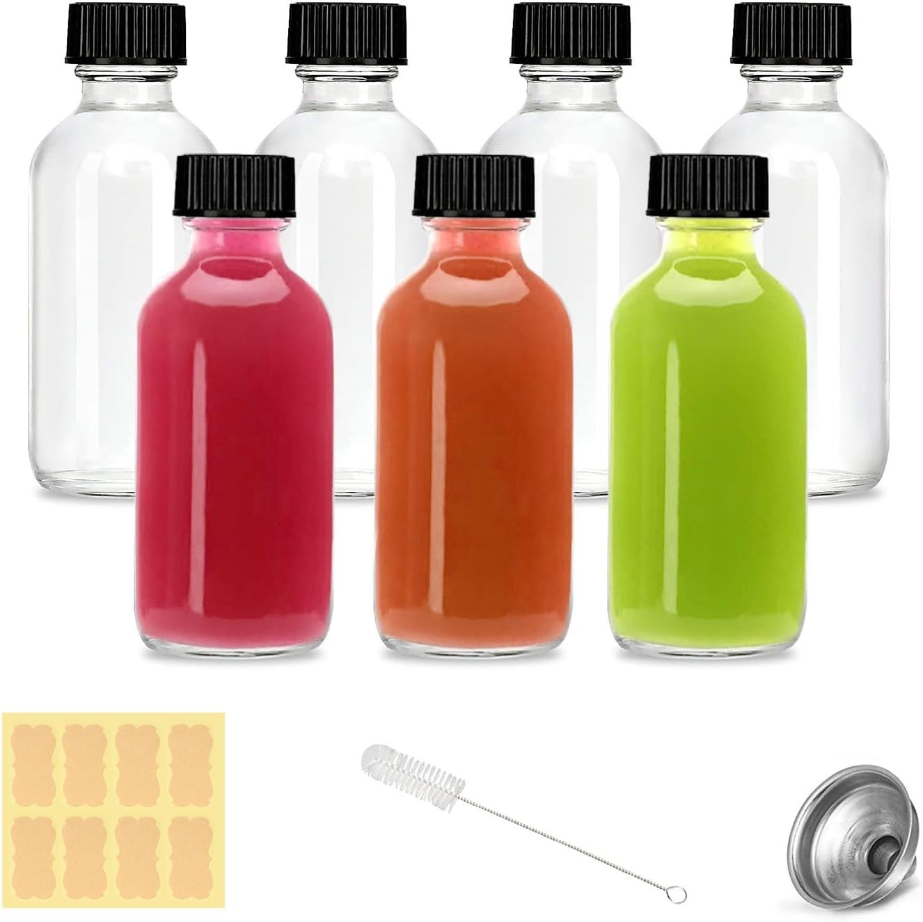 LANBEAUTIFY 2Oz Small Clear Glass Bottles with Lids – 7 Pack Shot Caps for Ginger Shots, Juice, Potion, Liquids, Whiskey Mini Travel Funnels, Stickers and Brush (7Pack-Clear)