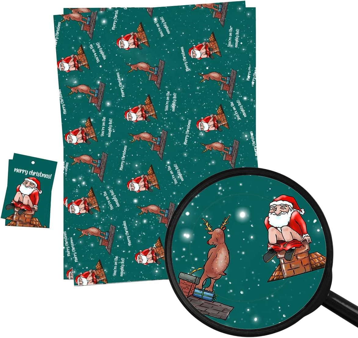 Christmas Wrapping Paper Sheets + Gift Tags (Pack 2) Funny Rude Naughty List Santa Design