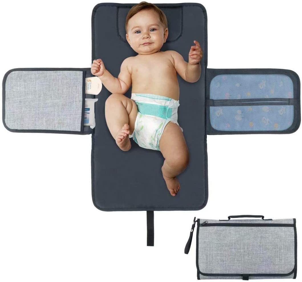 Iziv Portable Diaper Changing Pad, Diaper Changing Mat with Head Cushion Pockets, Waterproof Foldable Baby Changing Kit for Home Travel Outside