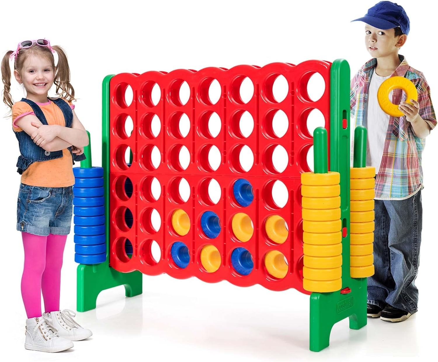 Costway Jumbo 4 to Score Giant Game Set, Oversized 4 in a Row Connect Game with 42 Jumbo Rings & Quick-Release Sliders, Indoor & Outdoor Yard Game Set for Kids, Adults, & Family (Green + Red)