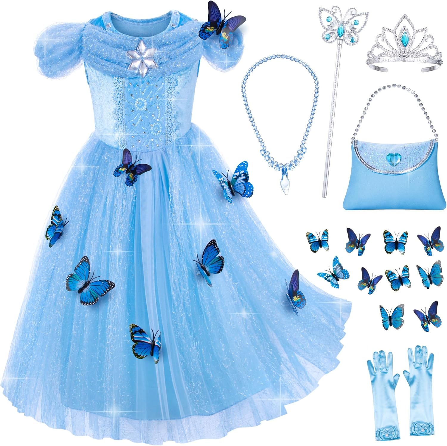 Topney Princess Cinderella Costume for Girls Birthday,Christmas Dress up with Accessories