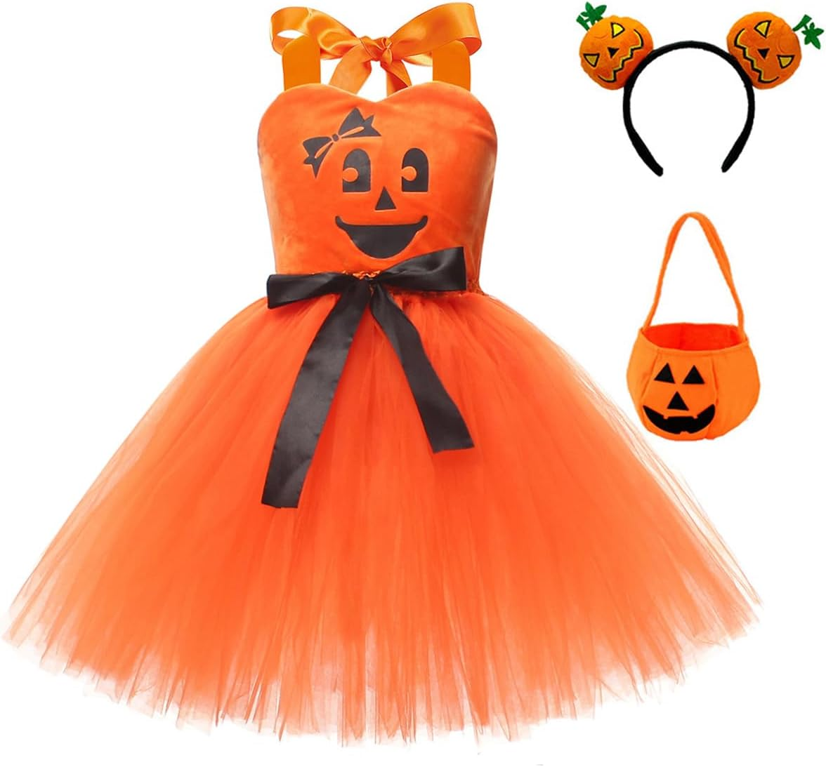 IDOPIP Halloween Pumpkin Costume for Kids Girls Princess Party Dress up Cosplay with Headband and Bags for Photo Shoot 2-12T