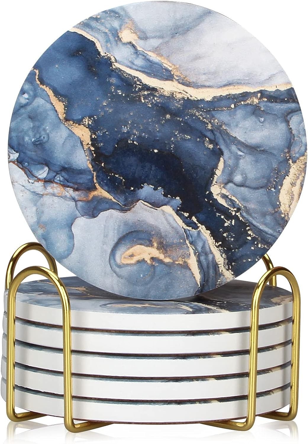 6 Pcs Navy Blue Marble Abstract Ceramic Coasters with Holder Best Absorbent Drink Coasters round Ceramic Table Coasters Set Decorative Coffee Cup Beverage Coasters Wine Beer Bar Coasters