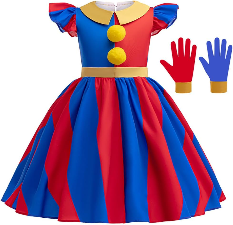 FYMNSI Kids Girls Halloween Costumes Circus Clown Cosplay Dress up Red Blue Striped Dress and Gloves Birthday Party Supplies