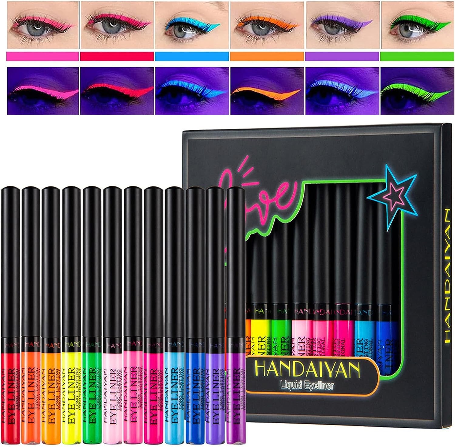 Fantasyday 12 Colors Matte Liquid Eyeliner Set UV Glow Rainbow Colorful Neon Eyeliner Pencil Pigmented Waterproof Smudgeproof Long Lasting Gel Eye Liner Eye Makeup Gift Kit for Women (Set C)