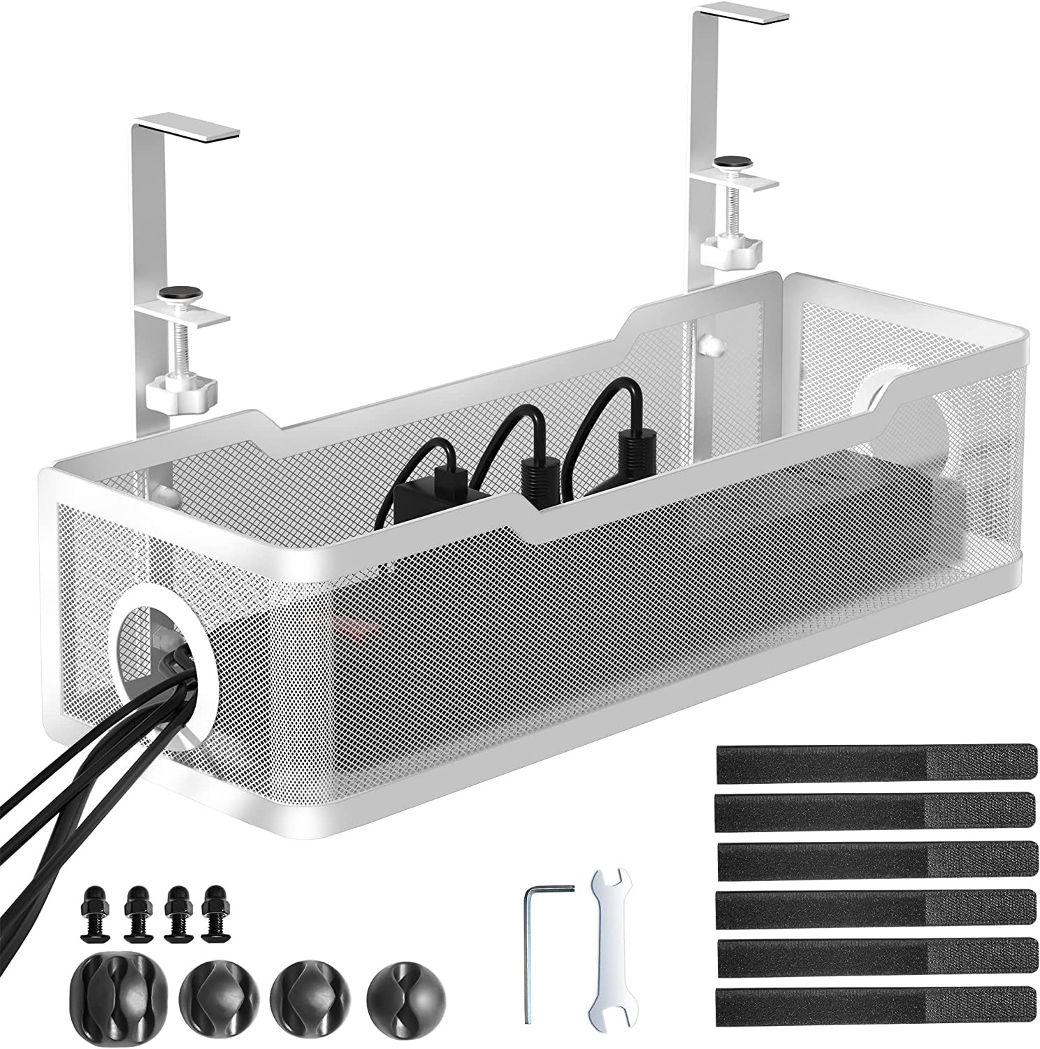 Under Desk Cable Management Tray White, Cinati Cable Management under Desk No Drill, 15.7″Cable Tray with Clamp for Desk Wire Management,Desk Cable Management Box for Office, Home – No Damage to Desk