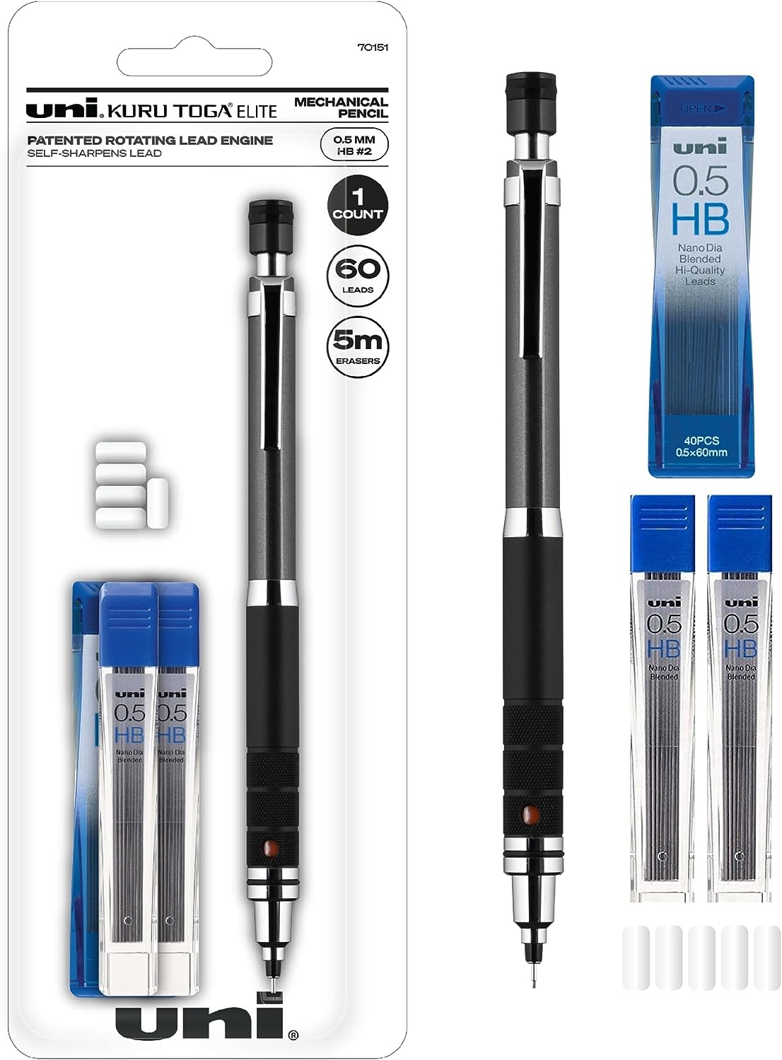 Uni-Ball Kuru Toga Elite Mechanical Pencil Starter Kit with Gun Metal Barrel and 0.5Mm Pencil Tip, 60 Lead Refills, and 5 Pencil Eraser Refills, HB #2