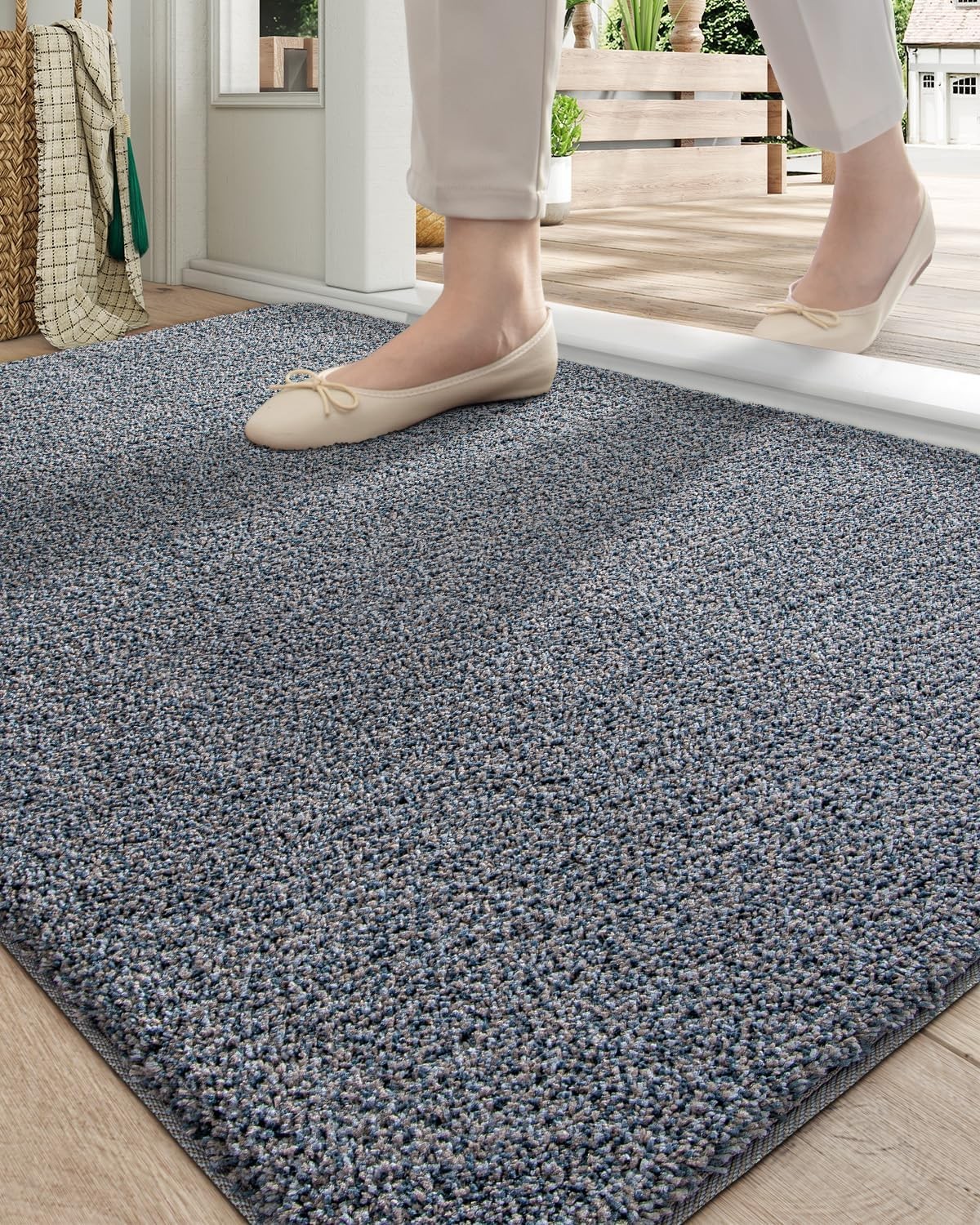 DEXI Dirt Trapper Door Mat, Non-Slip Barrier Mats for Indoor and Outdoor, Super Absorbent Entrance Rug Machine Washable Soft Floor Mat Carpet, 19.5″X31.5″, Grey-Blue