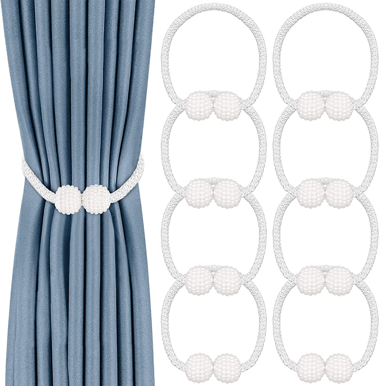 8 Pack Magnetic Curtain Tiebacks,Convenient Drape Tie Backs Decorative Curtain Holdbacks Holder Curtain Tiebacks for Window Draperies, No Tools Required-Pearl Shape (White)