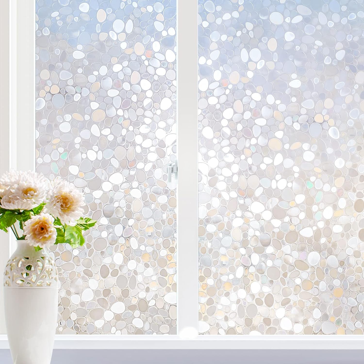 Rabbitgoo Glass Window Film, Decorative Window Stickers, Privacy Window Clings, Static Cling Door Window Covering, Stained Glass Window Vinyl, Non Adhesive, anti UV Pebble Pattern, 60 X 200 Cm