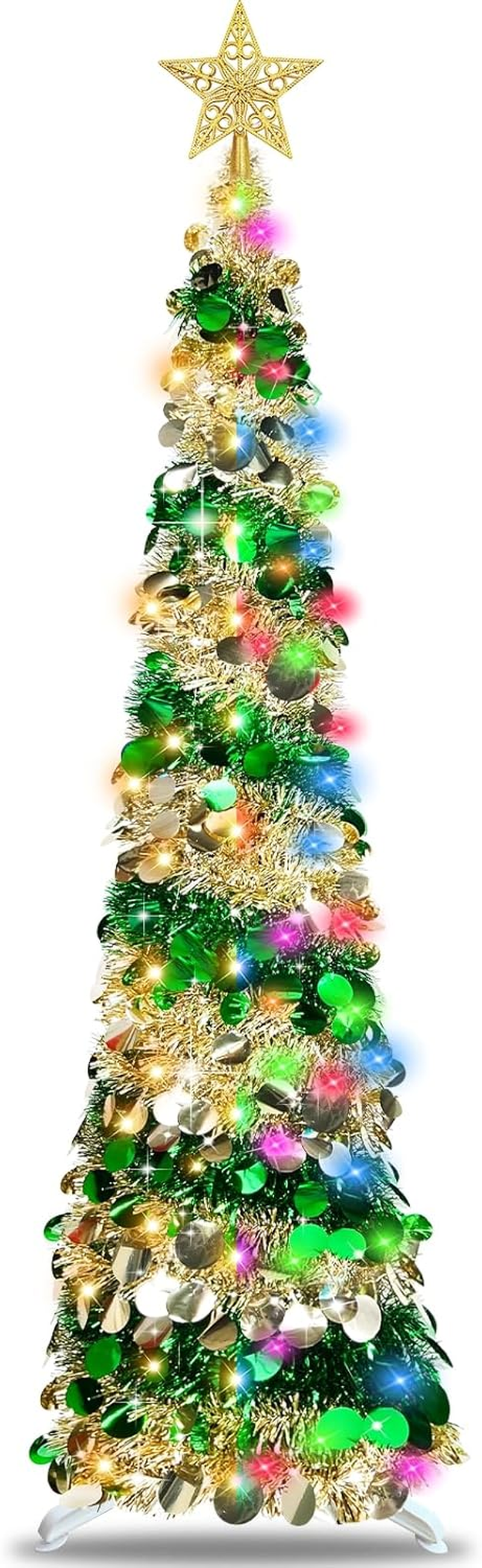 5FT 50-Light Pop-Up Prelit Slim Christmas Tree with Timer, Sequins, and Battery for Indoor Holiday Decor