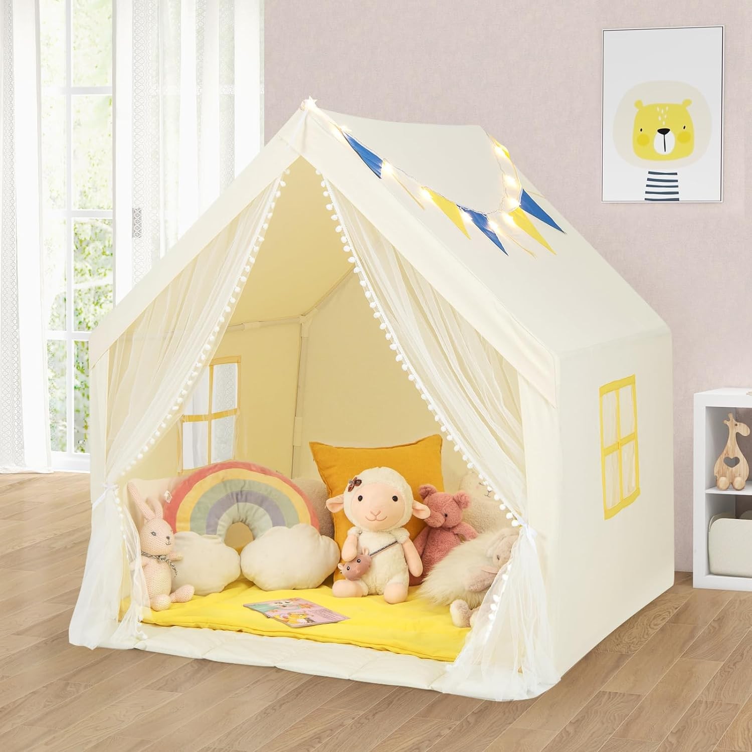 HONEY JOY Large Play Tent, Kids & Toddlers Playhouse with Washable Cotton Mat, Star Lights, Windows, Fancy Play Tent for Boys Girls, Castle Play Tent Playhouse for Children, 120 X 105 X 125CM (Beige)