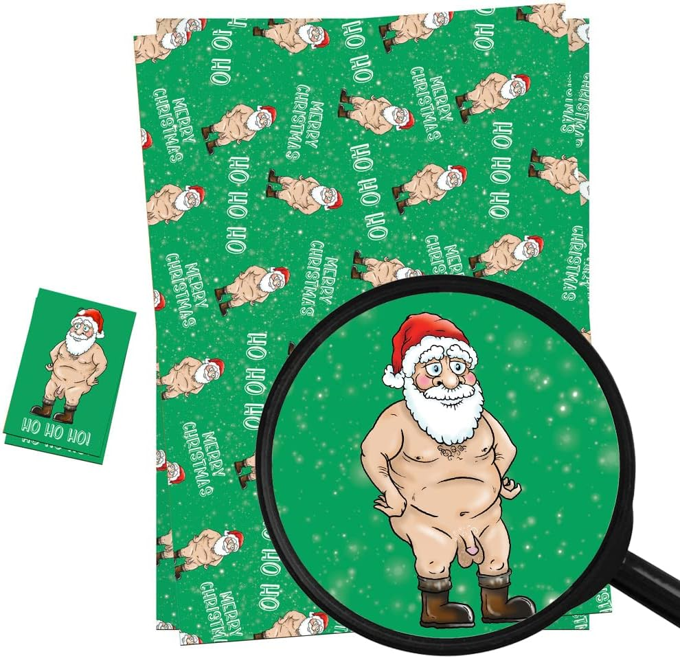 Christmas Wrapping Paper Sheets + Gift Tags (Pack 2) Funny Rude Novelty Santa Design