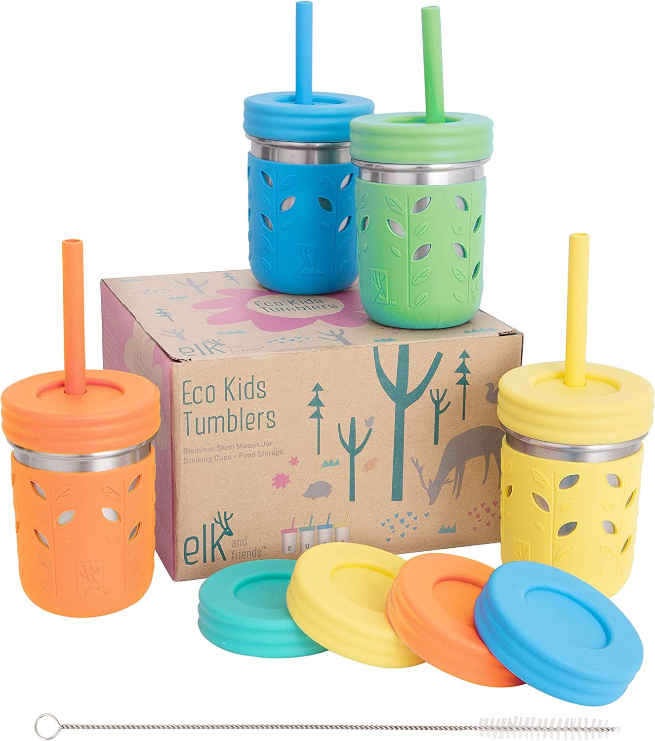 Elk and Friends Stainless Steel Cups | Mason Jar 10Oz | Kids & Toddler Cups with Silicone Sleeves & Silicone Straws with Stopper | Sippy Cups, Spill Proof Cups for Kids, Smoothie Cups