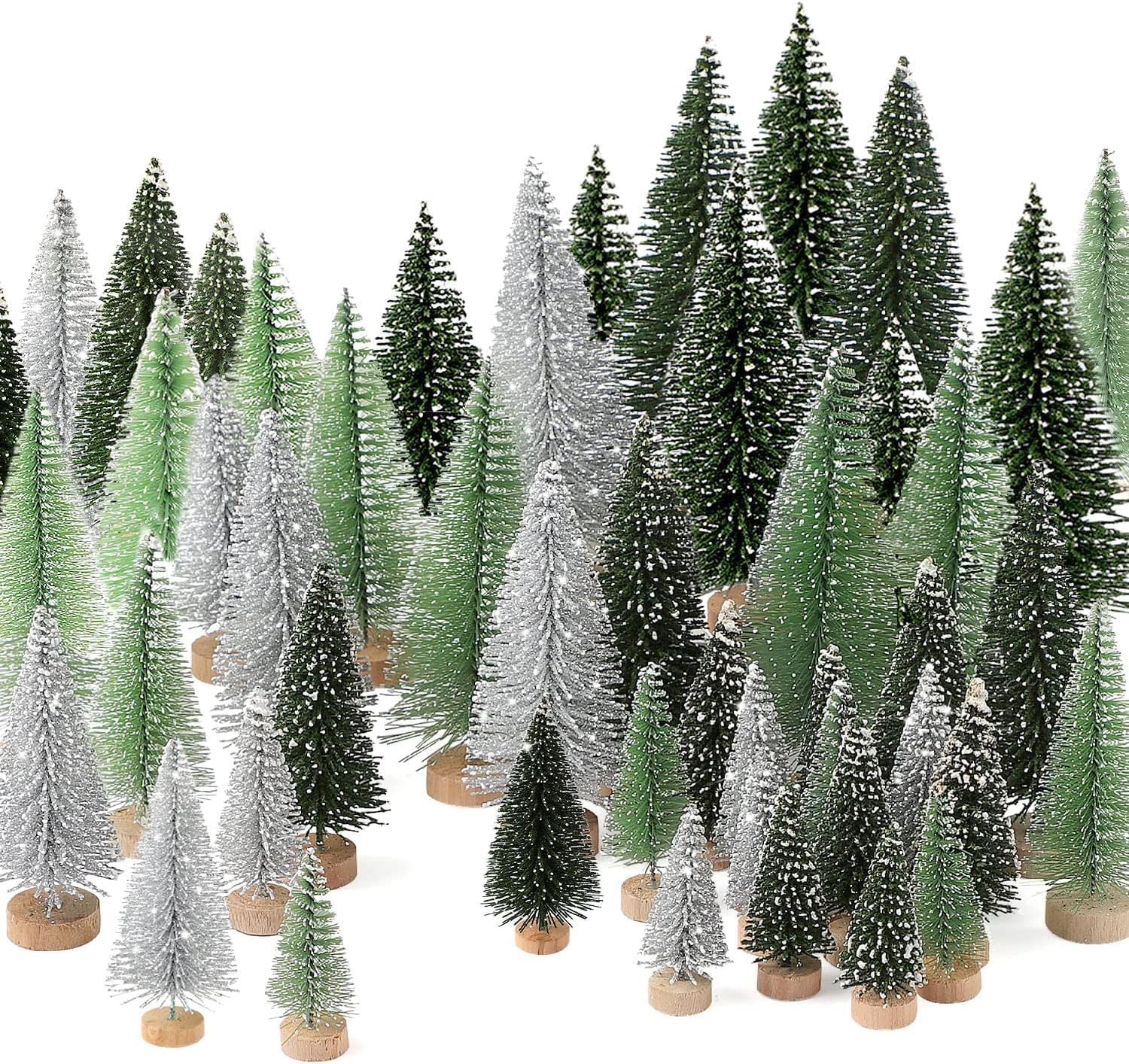 Miners2000 30Pcs Mini Christmas Trees – Artificial Tree Bottle Brush with 5 Sizes, Sisal Snow Wooden Base for Decor Party Home Table Craft Decorations (2), Silver,Green