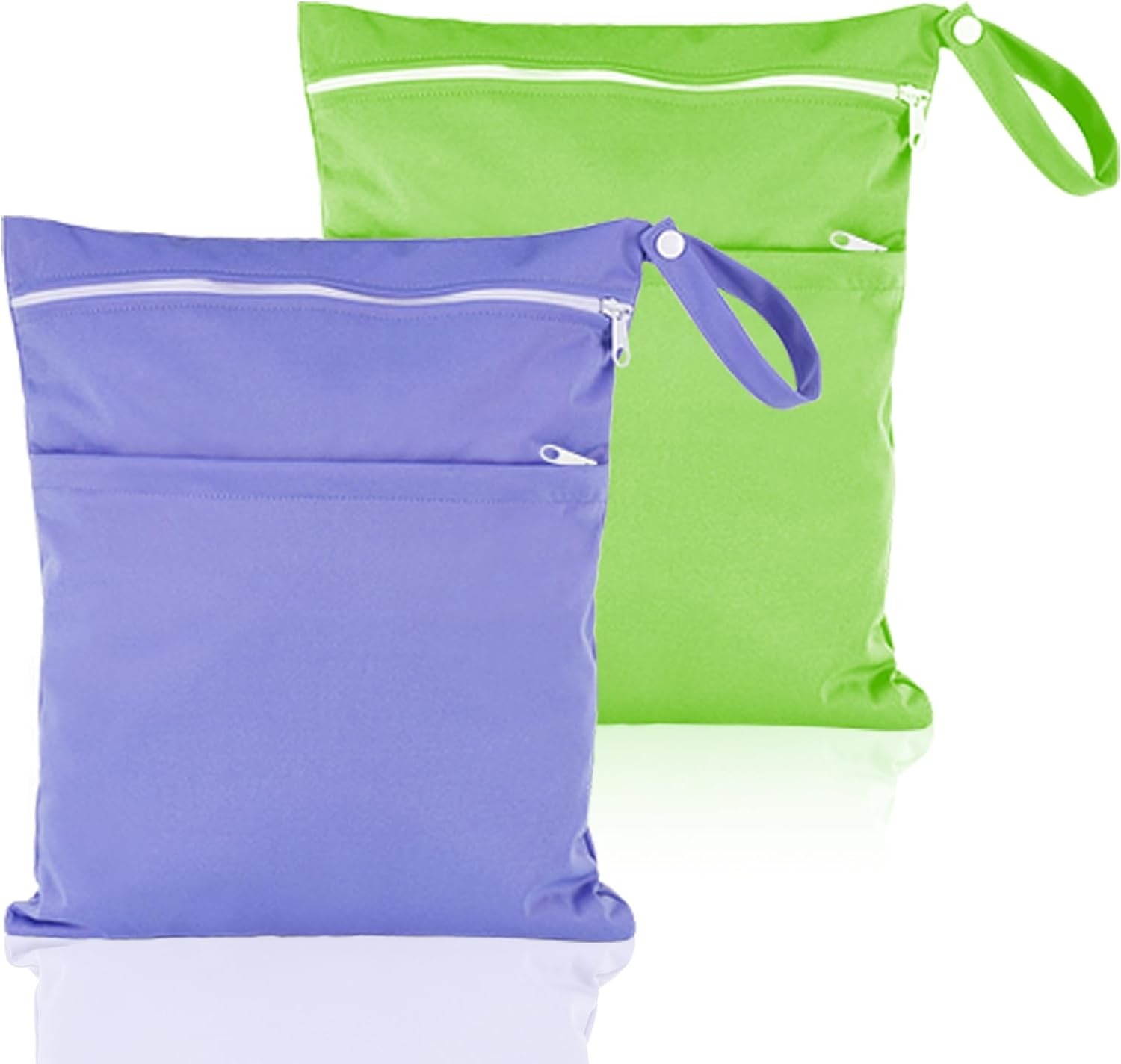 Heyu-Lotus 2 Packs Wet Bag, Waterproof Wet Dry Bags Reusable Washable Cloth Diaper Bags Nappy Bags with Double Zipper Pockets for Baby Items Wet Clothes Swimming Gym Beach Bag(Purple+Green), Purple+Green, Classic