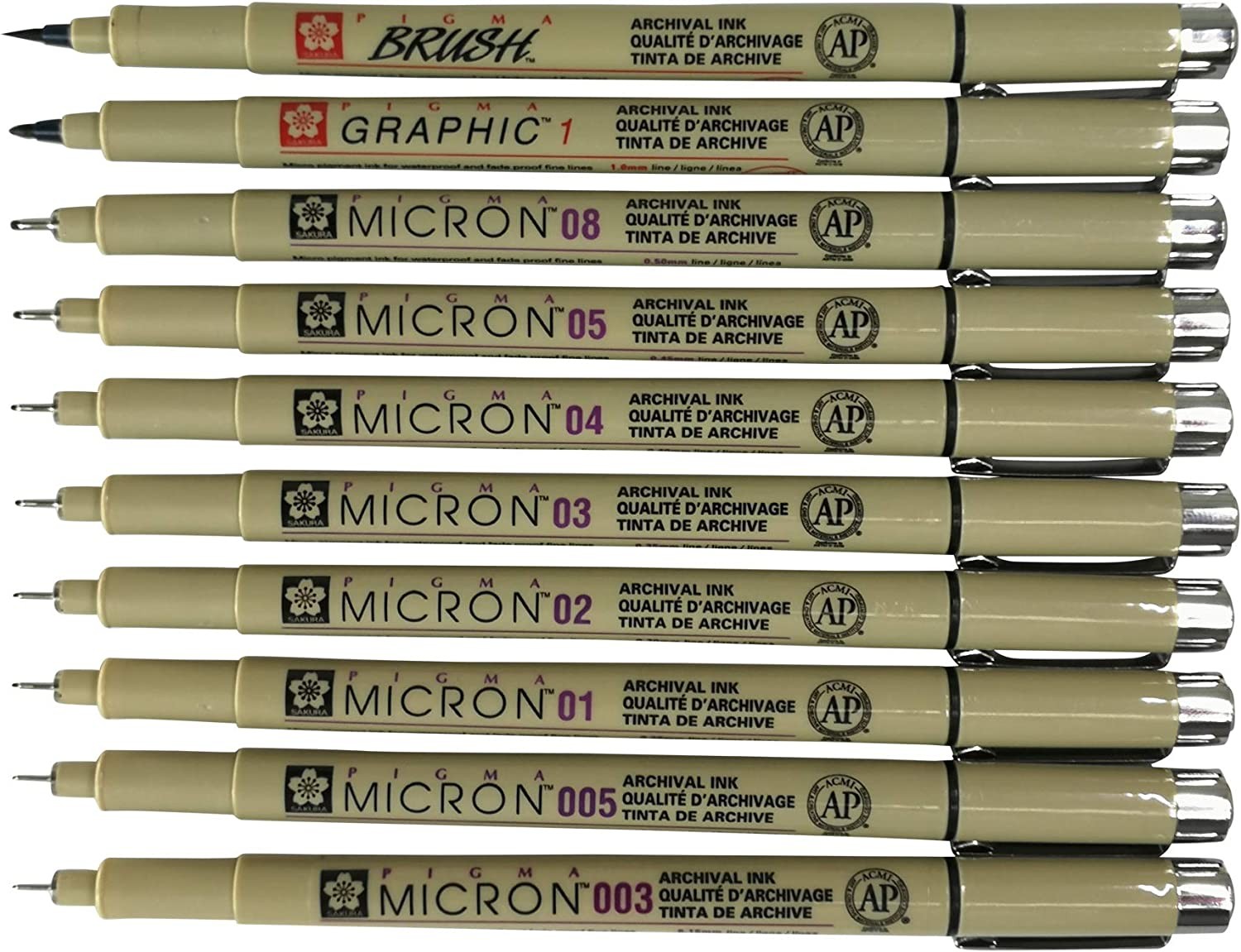 Sakura Pigma Micron 10 Fineliner Pens Black Archival Ink Artist Drawing Sketch Pens (003, 005, 01, 02, 03, 04, 05, 08), Graphic 1 & Brush Pen Set