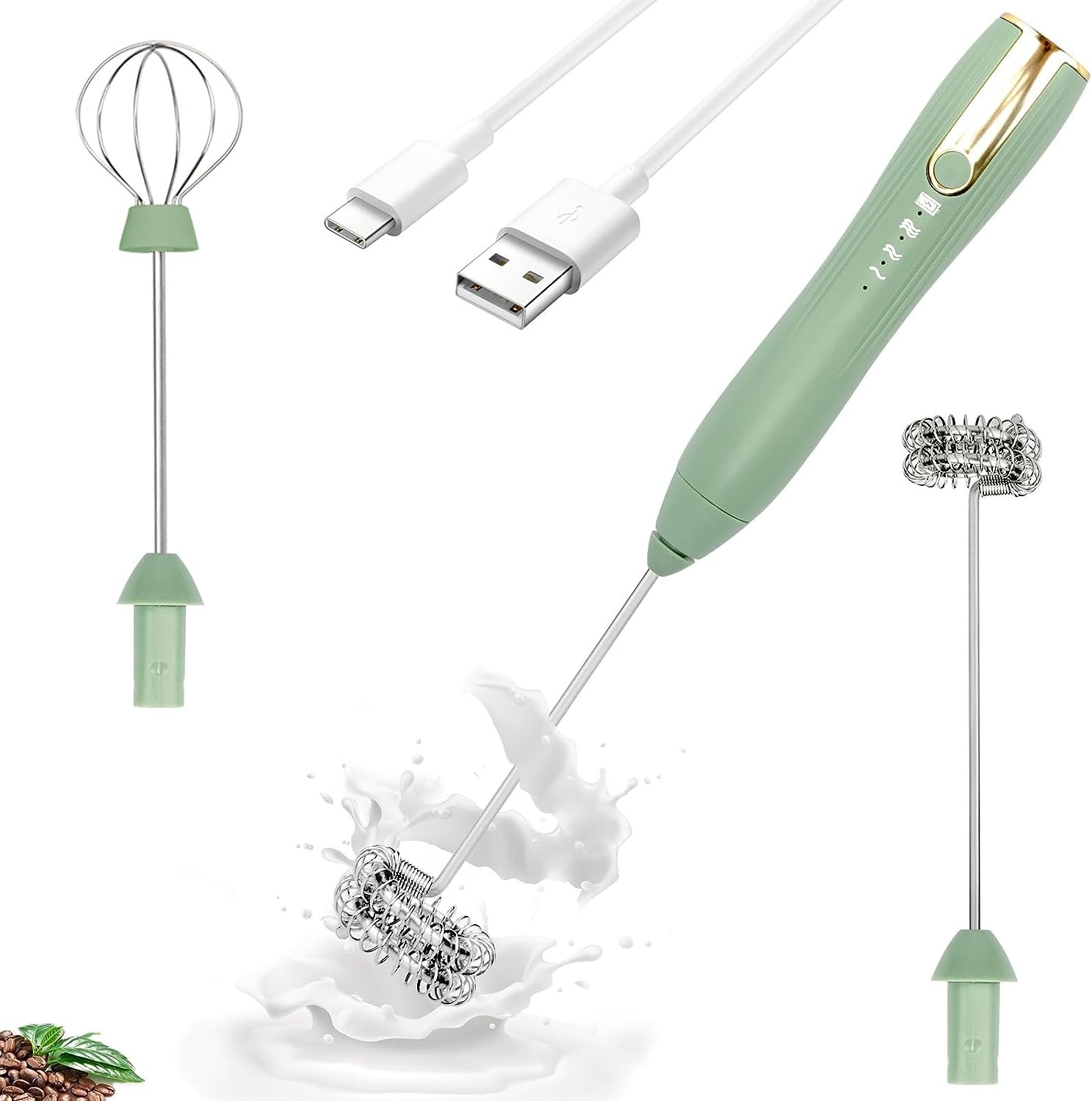 Tonjin Double Whisk Milk Frother Handheld USB-C Rechargeable Electric Drink Mixer Green,3 Speeds Adjustable Coffee Foamer Drink Whisk for Lattes, Matcha, Hot Chocolate, Egg, Matcha