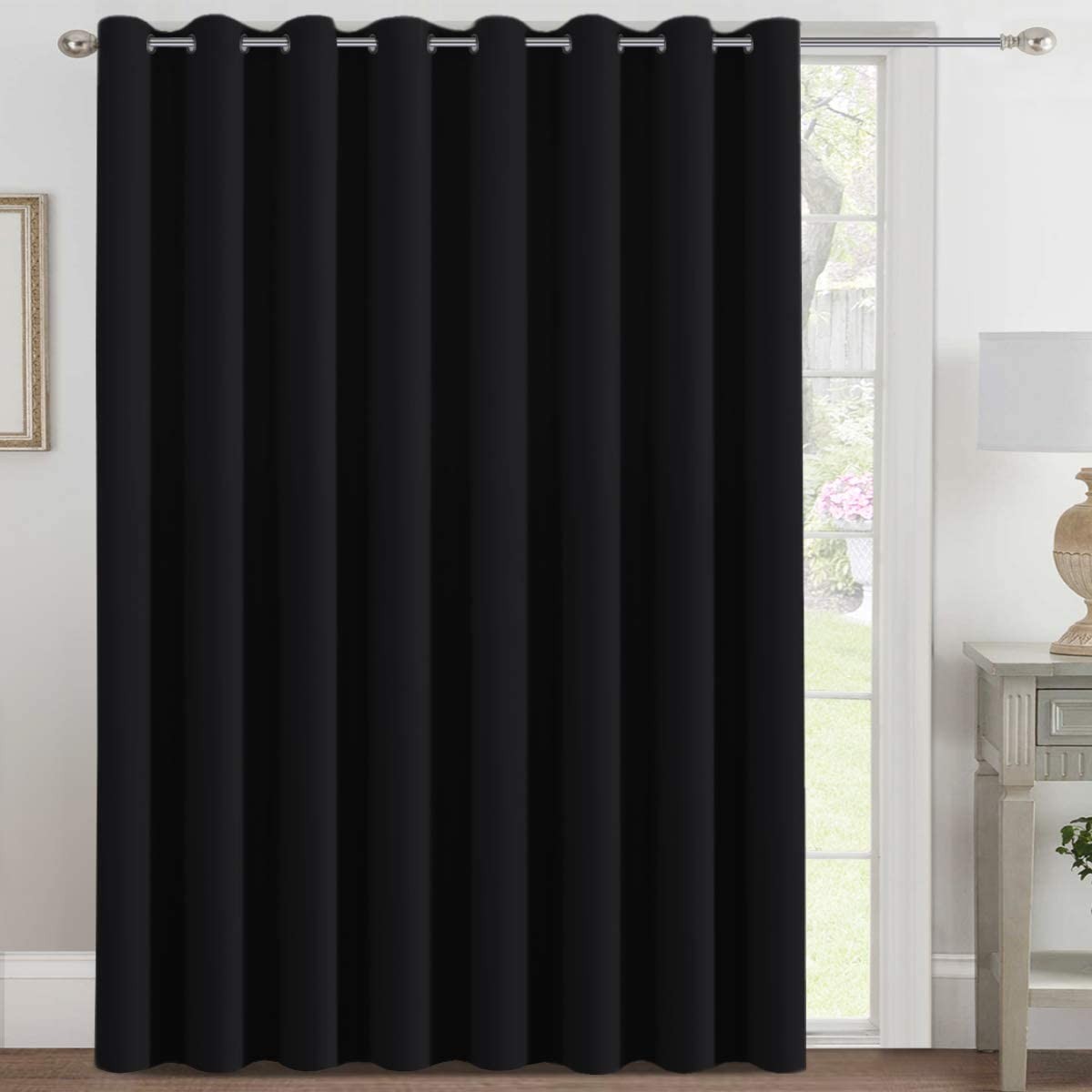 Smarcute Blockout Curtain Extra Wide Blackout Curtain Draperies for Bedroom/Living Room/Sliding Glass Door, Eyelet Top Energy Saving Single Piece 254Cm Wide by 213Cm Drop, Black