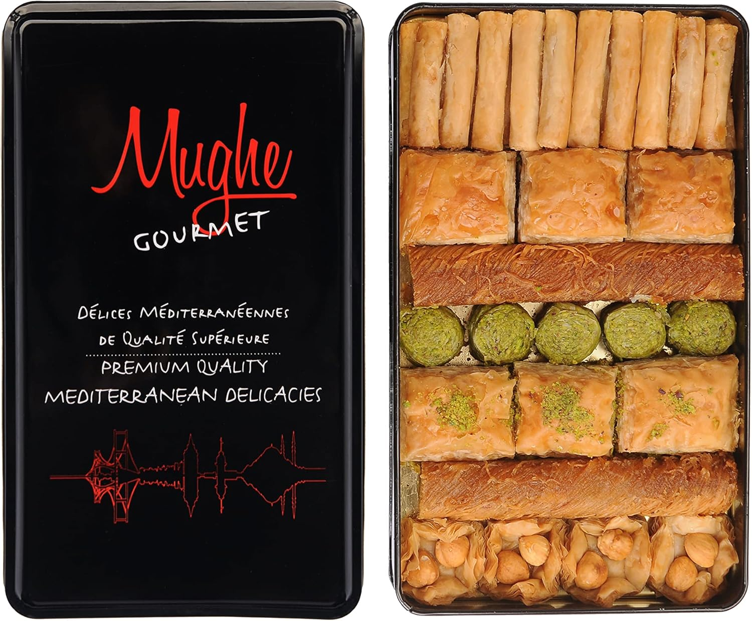 Mughe Gourmet Luxury Assorted Turkish Baklava Pastry Gift Elegant Tin Box 1.32Lbs/600Gr – Pistachio, Walnut, Cashew, Hazelnut Dessert Gifts Bitesize Baklawa Sweet Perfect for Fathers Day and More