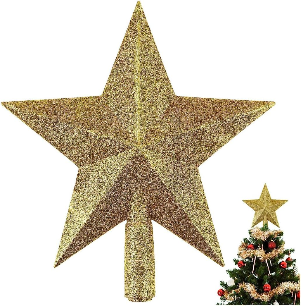 2 Pack Christmas Tree Topper, Idopick 7.87“ Christmas Star Tree Topper Glittering for Christmas Tree Ornament Party Home Decorations(Golden) (15Cm)