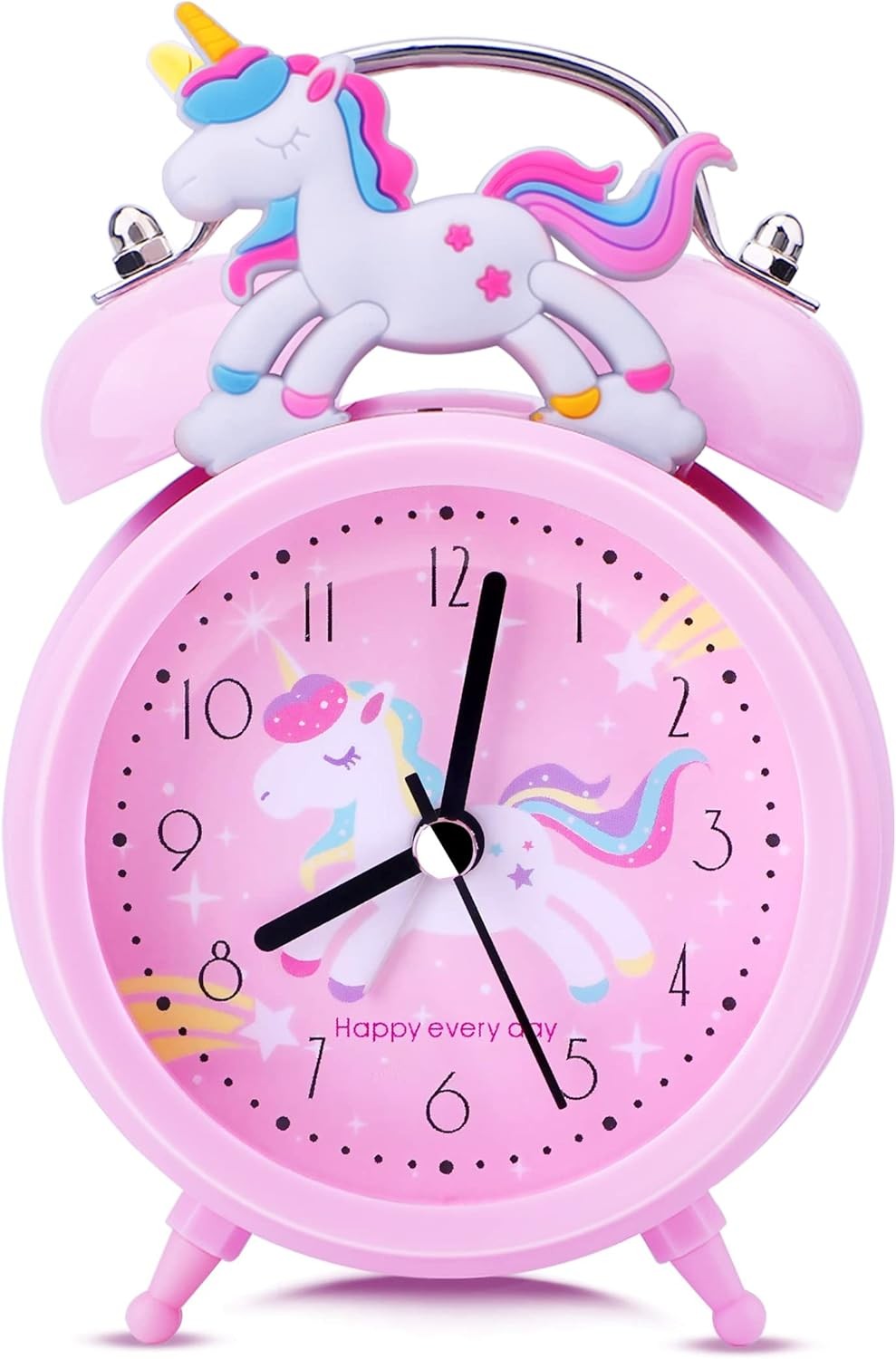 TCJJ Unicorn Clock for Girls,Non-Ticking Girls Pink Alarm Clock,Silent Bedside Alarm Clock with Night Light,Classic Loud Twin Bell Clock,Suitable for School Gifts