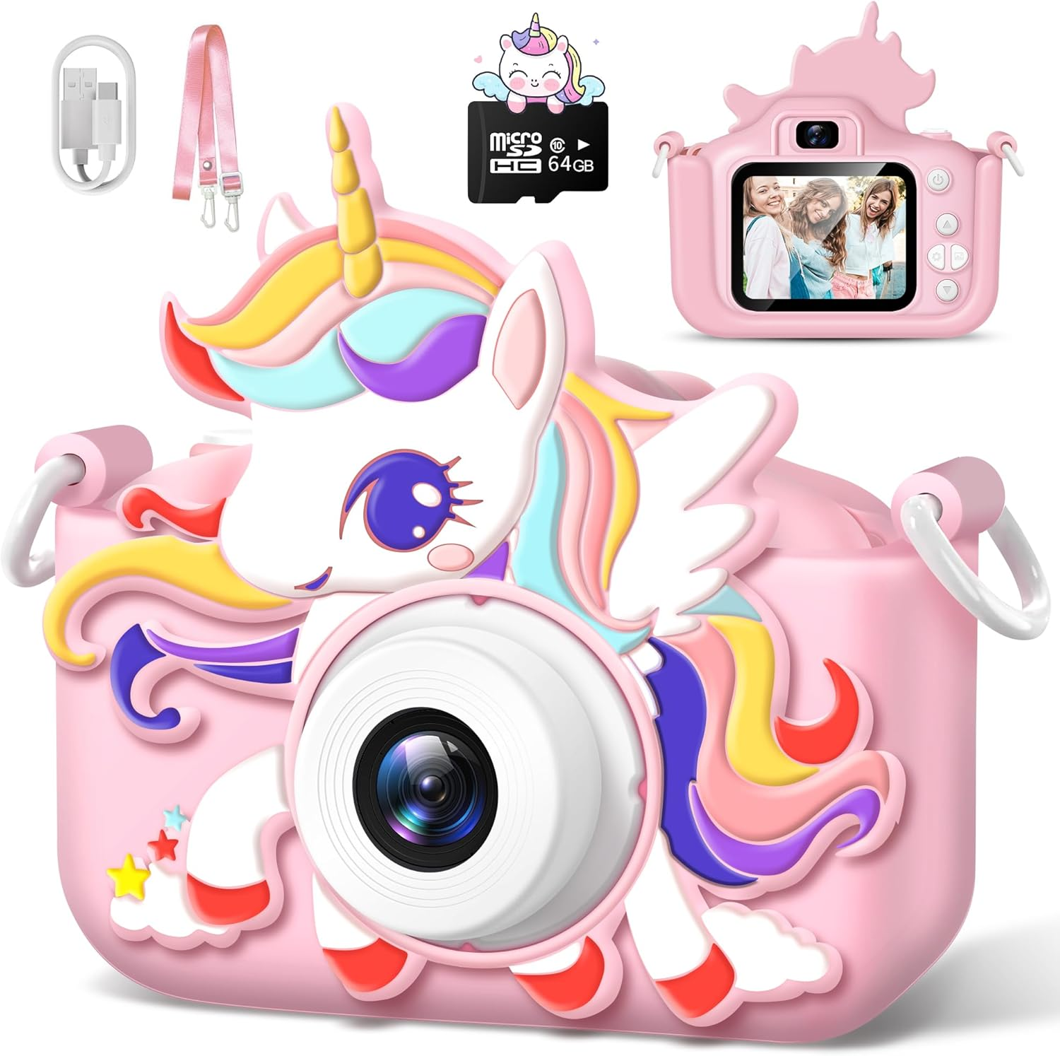 Kids Camera Toys for Girls Boys Age 3-12, Toddler Digital Selfie Camera with Cute Protective Cover, Upgrade 64GB Video Camera for Kids Travel/Outdoor Play, Joyful Christmas Birthday Gifts (Rianbow)