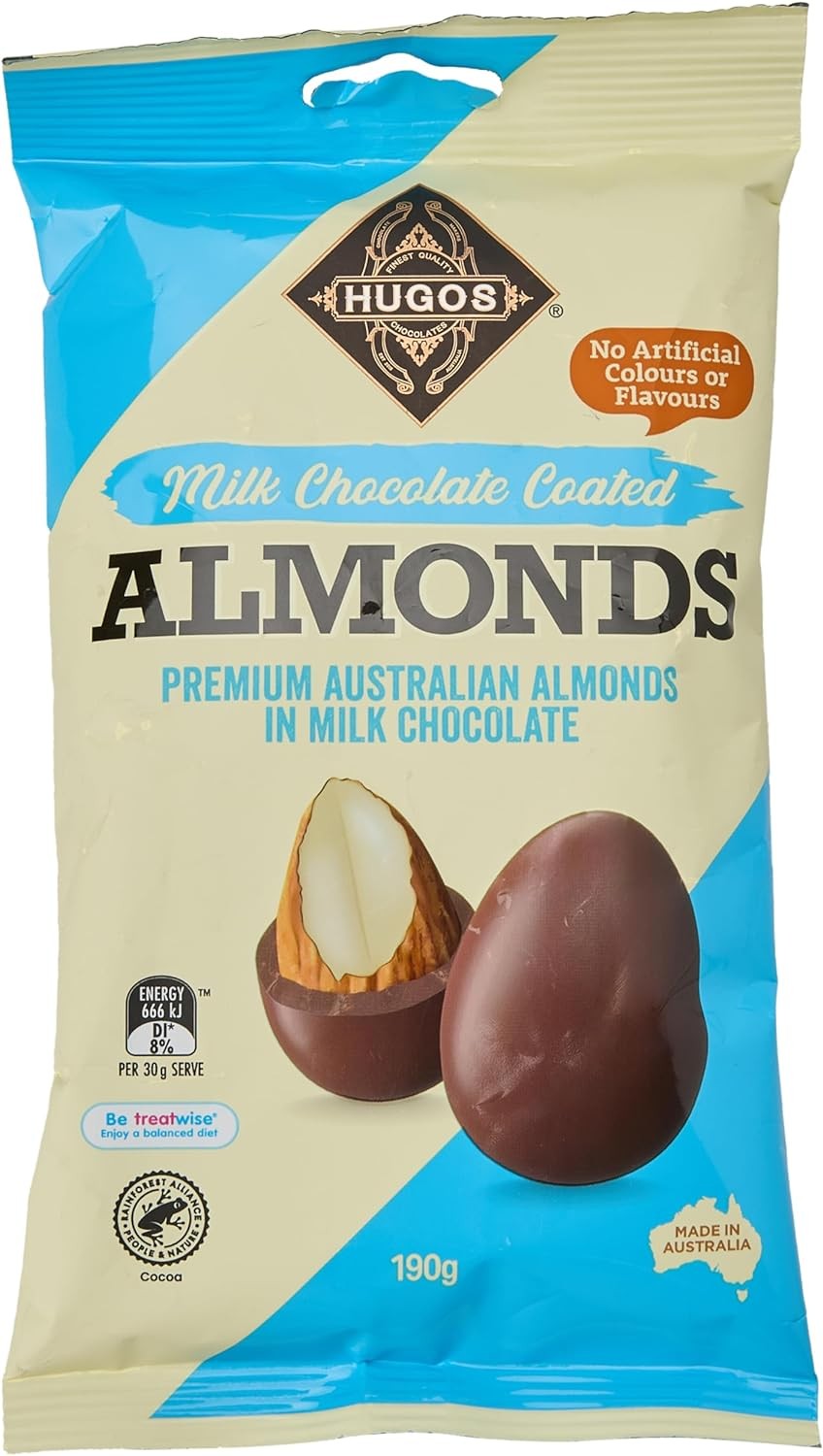 Hugos Chocolates Milk Chocolate Coated Almonds 190G, Healthy Snack, Atkins-Friendly, Dry Roasted Almond Coated with Chocolate