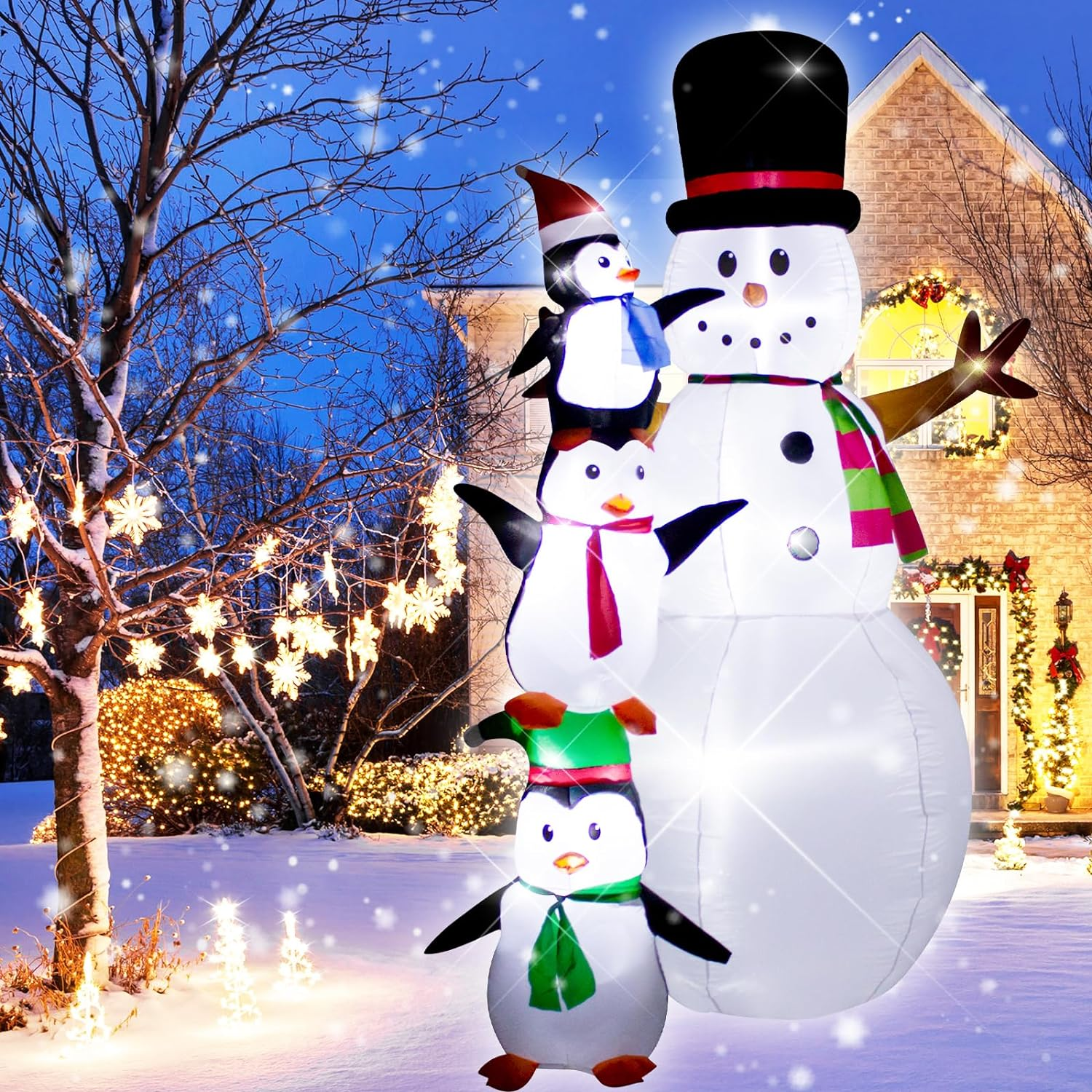 2.43M Christmas Inflatable Snowman Penguin Decoration with LED Lights，Huge Blow up Christmas White Snowman Indoor Outdoor Lighted up Yard Decoration -WM-25