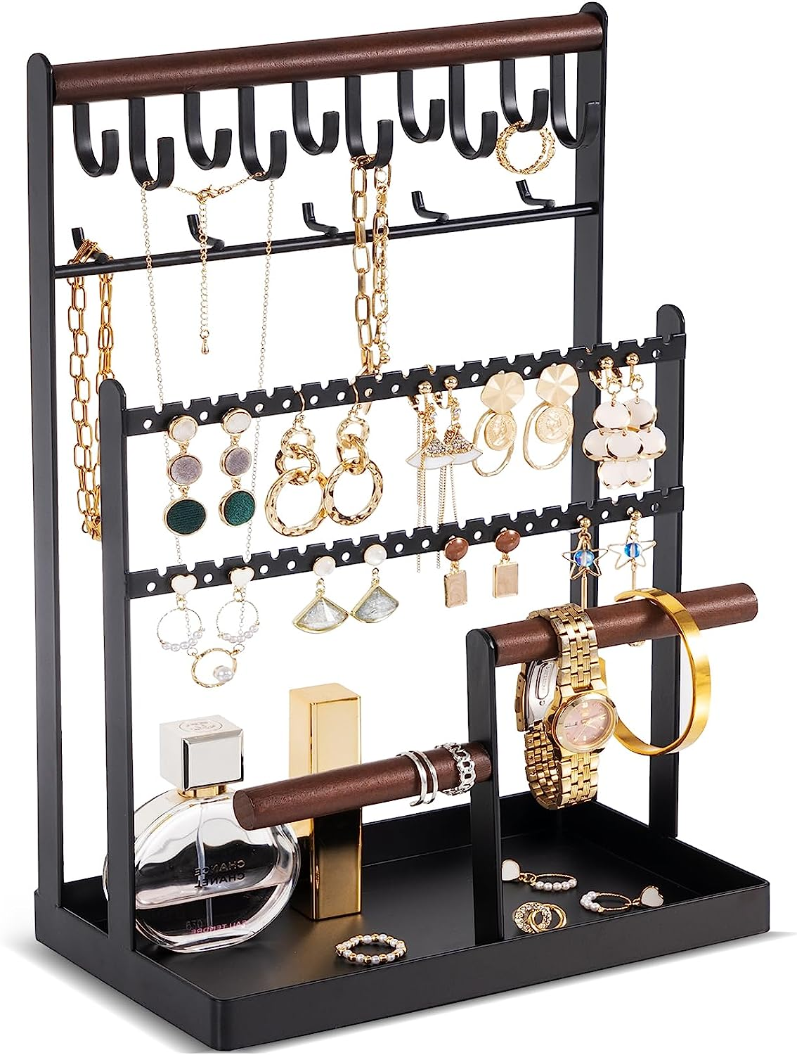 Procase Jewelry Organizer Stand Necklace Organizer Earring Holder, 6 Tier Jewelry Stand Necklace Holder with 15 Hooks, Jewelry Tower Display Rack Storage Tree for Bracelets Earrings Rings -Black