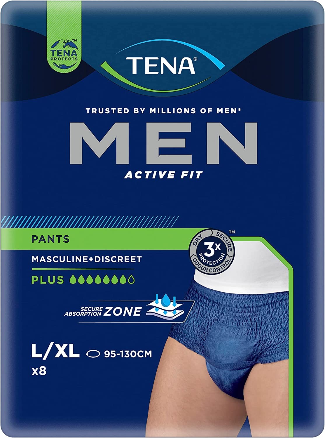 TENA Men Active Fit Pant plus Navy Large – 8 Pack