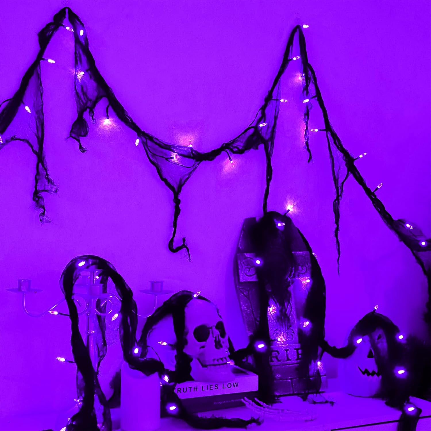 YAOZHOU Halloween Decorations String Lights Purple Indoor 30LED with Black Gauze Timer, 8 Mode Battery Operated 9.9Ft Creepy Cloth Spooky Lights, Gothic Party Room Decor