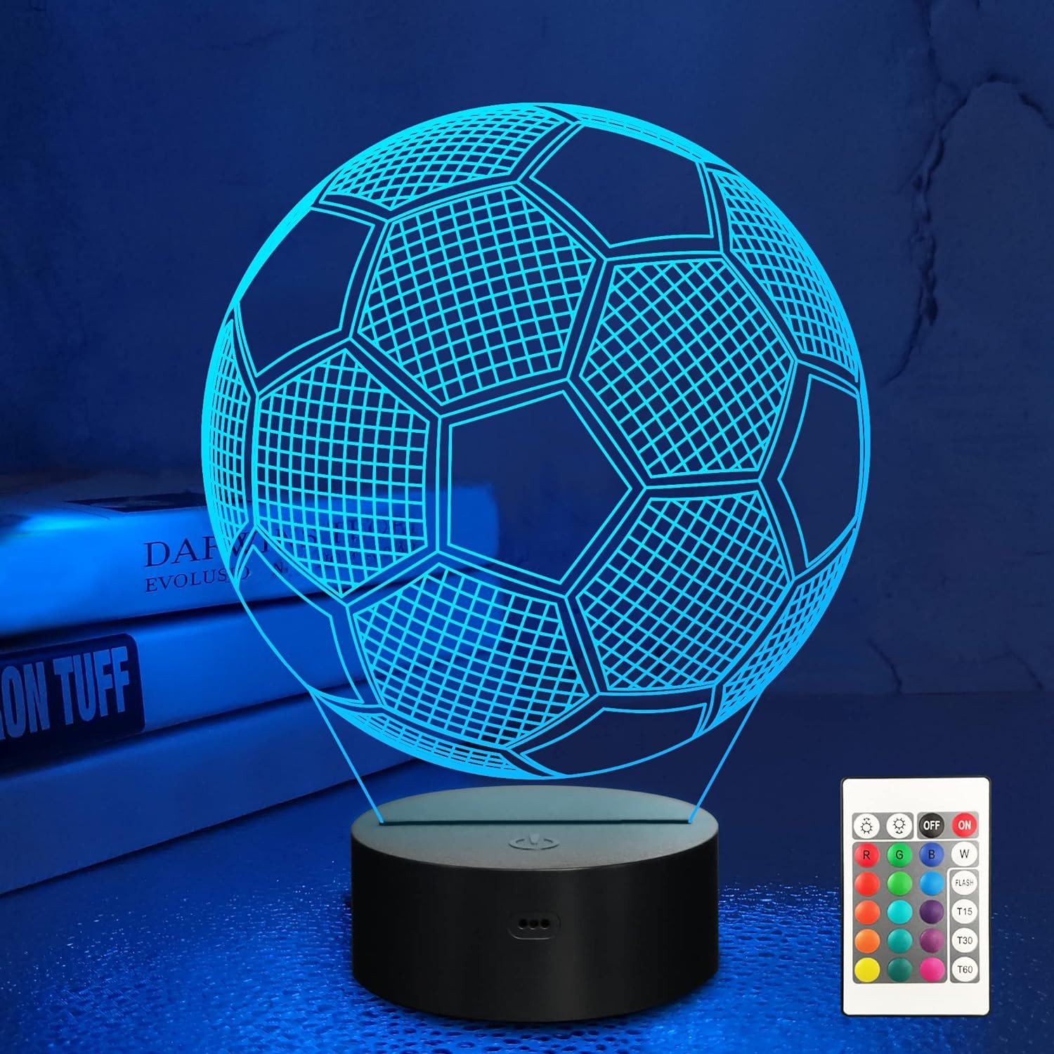 Lampeez Soccer Night Lights for Kids, 3D Illusion Football Lights 16 LED Remote Color Changing Touch Table Desk Lamps Decor, Birthday Xmas Gifts Sports Theme Fans