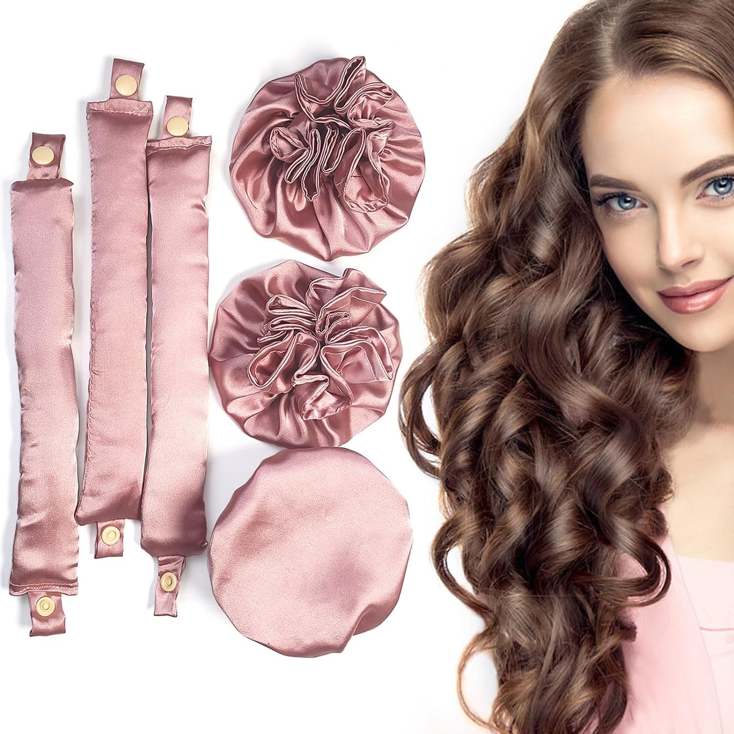 BLINKEEN Satin Heatless Hair Curlers 3Sets/6Pcs, Pillow Soft Rollers with Caps, No Heat Curling Rods and Headband for All Hair Types (3Sets-Pink)