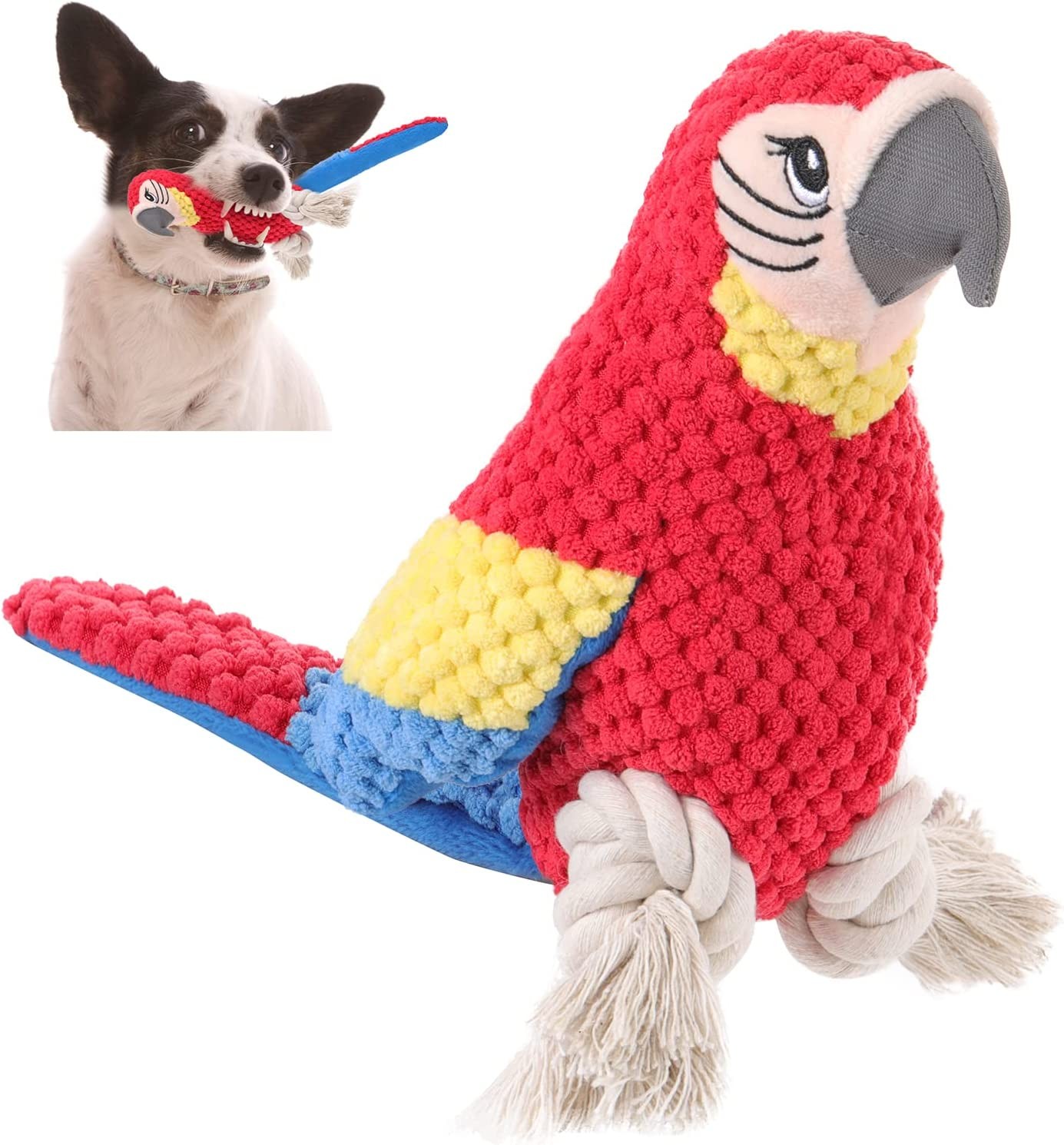 Dog Toy Plush Squeaky Rope Toys, Cute and with Squeaker for Inspire Interest (Red Parrot)