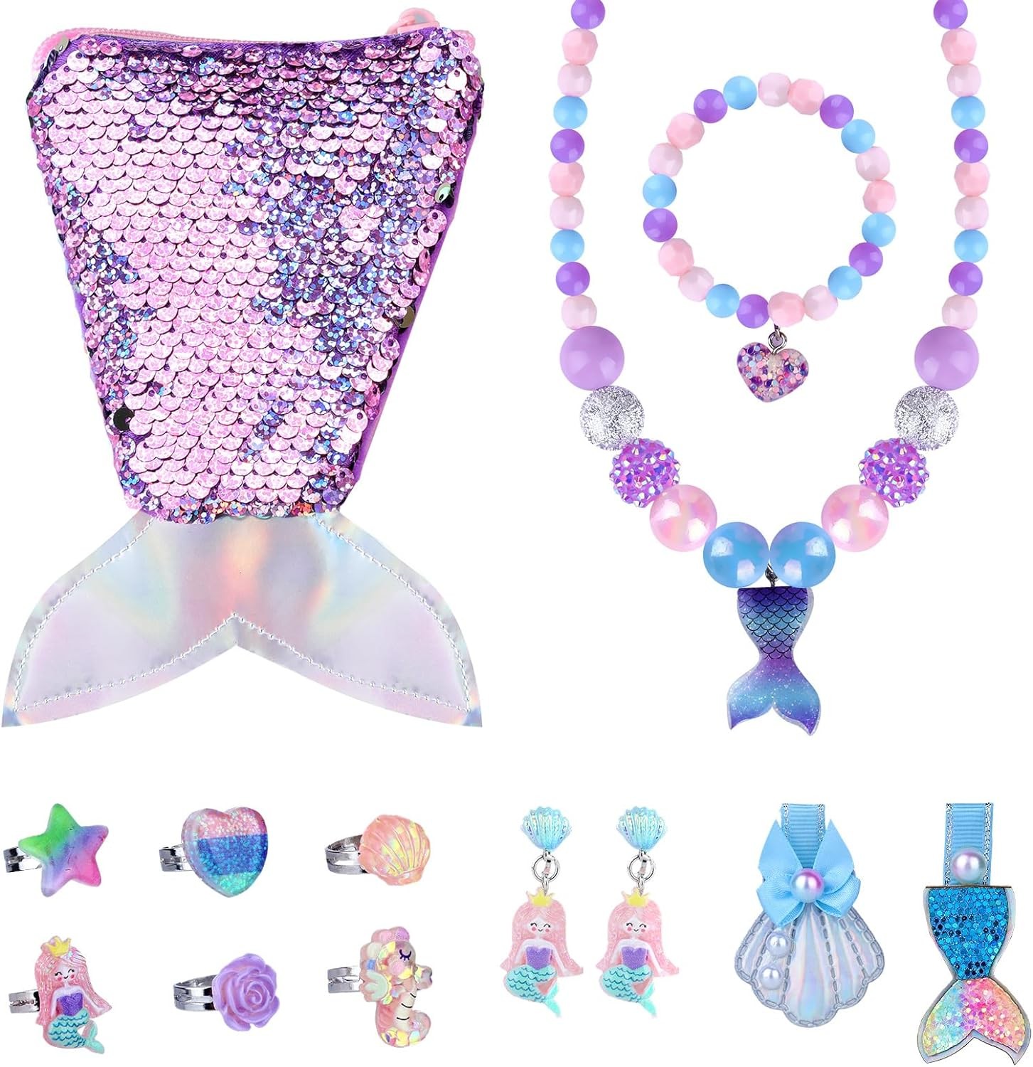 Niceup Mermaid Jewelry Gift Set for Little Girls, Mermaid Coin Purse Necklaces Bracelets Earrings Hair Clips for Princess Dress up Toys, Purple Mermaid Christmas Stock Stuffer for Girls Age 4 5 6 7