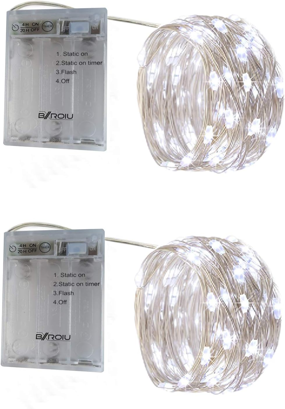 BXROIU 2 X 50 Micro LED Fairy Lights Battery Operated 3 Programs with Timer on Silver Wire for Party, Christmas, Halloween, Wedding Decoration (5 Metre/16.4 Ft, Cool White)