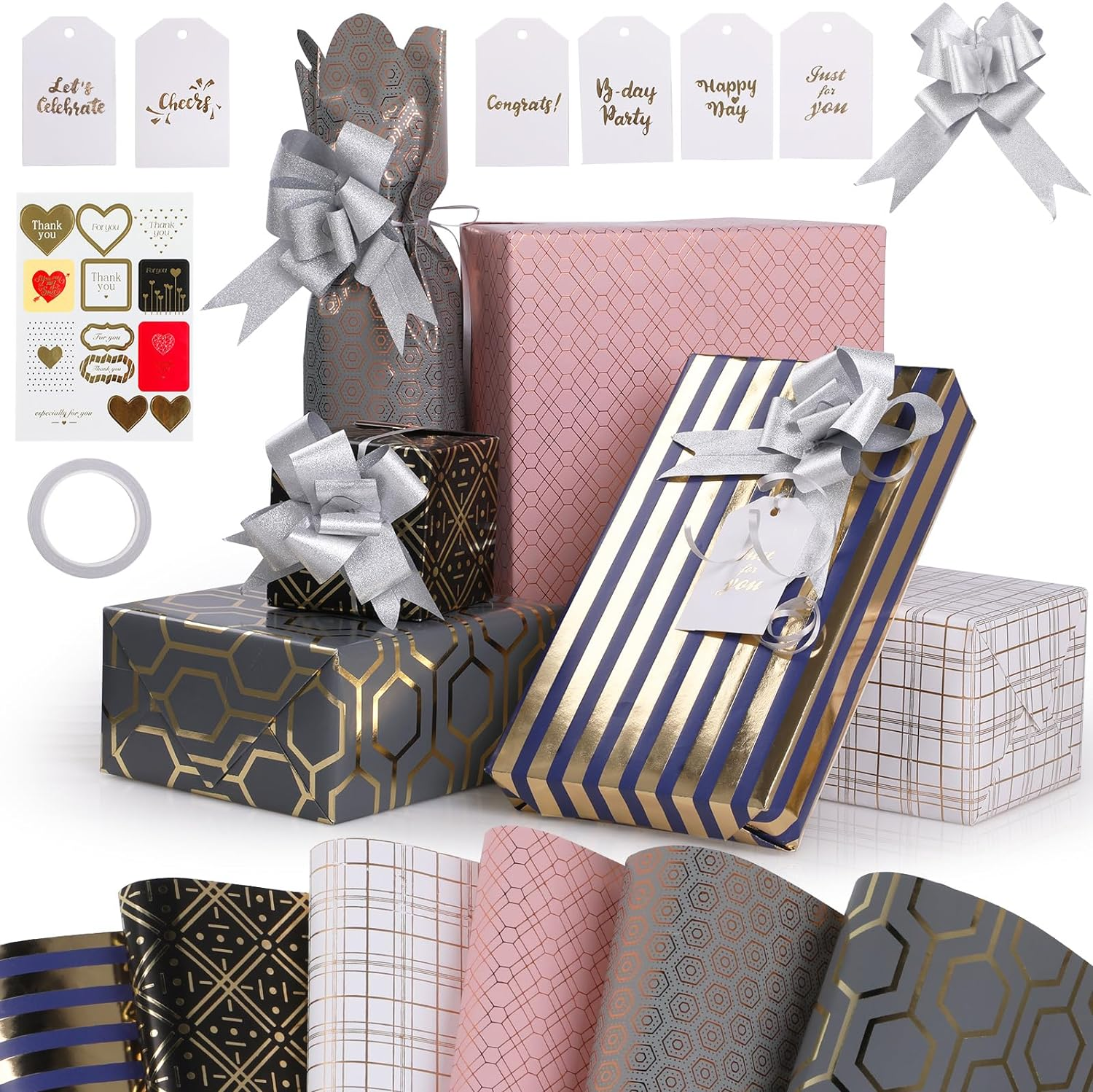 Gift Wrapping Paper 50*70CM, Geeric 6PCS Wrapping Paper+Tape+6 Label+10 Pull Bows+Sticker Renewable Vintage Package Gift Box Decoration Paper for Birthday Anniversary Christmas Party