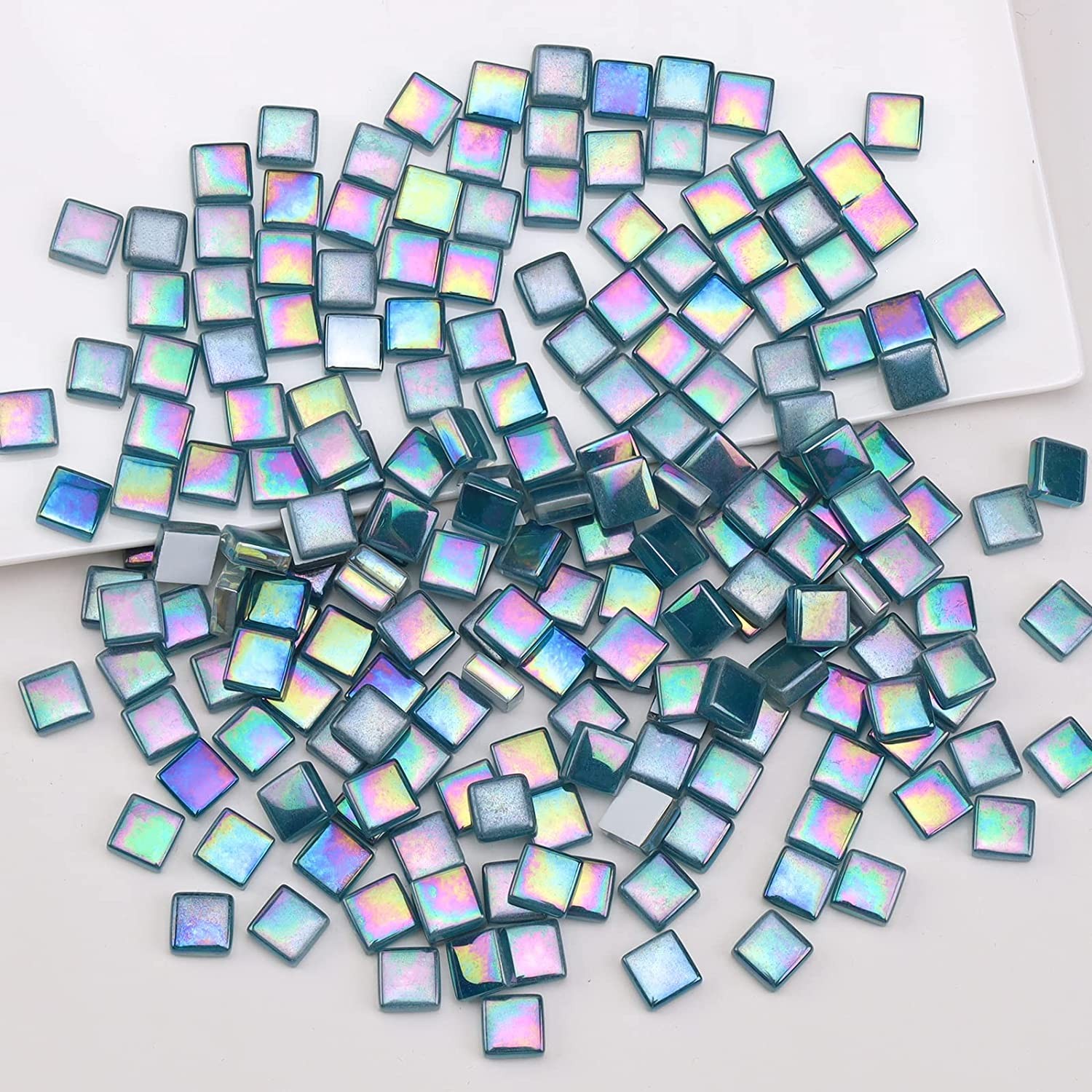 Yatinkim Mosaic Tiles 160Pcs Bulk Square Glass Pieces Glitter DIY Crafts Decoration Home Adults Kids Handmade Jewelry Art Creative Puzzle Cyan