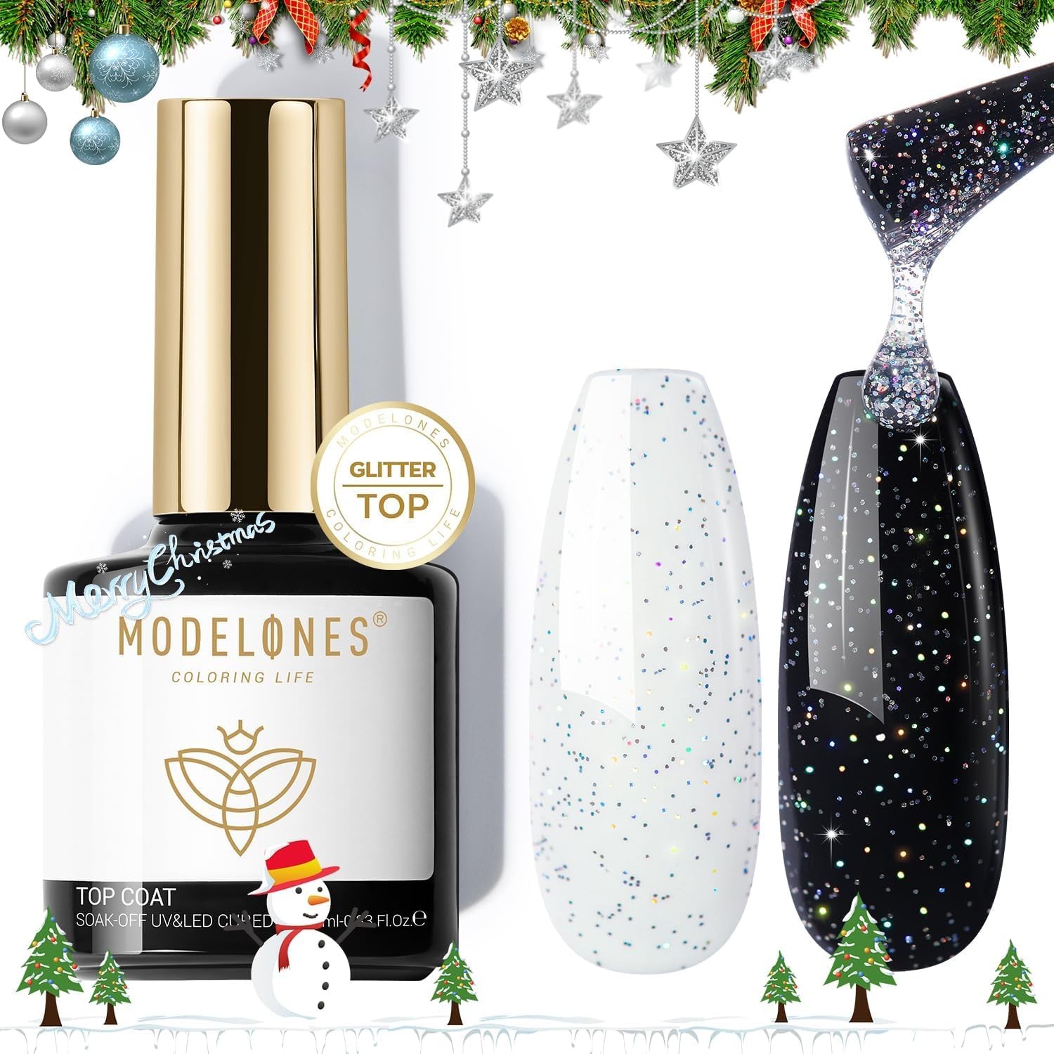 Modelones Glitter Gel Top Coat, Iridescent Silver Mix Glitter Gel Polish No Wipe Top Coat Glossy Sparkly Finish Long Lasting Soak off Rainbow Shimmer Glitter Gel Nail Polish Nail Art Manicure, 10Ml