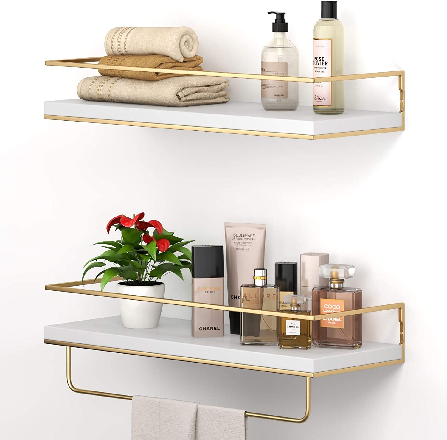 Shario White Floating Shelves – Set of 2, Wall Mounted Hanging Shelves with Golden Towel Rack, Decorative Storage Shelves for Bathroom, Kitchen, Living Room & Bedroom (White)