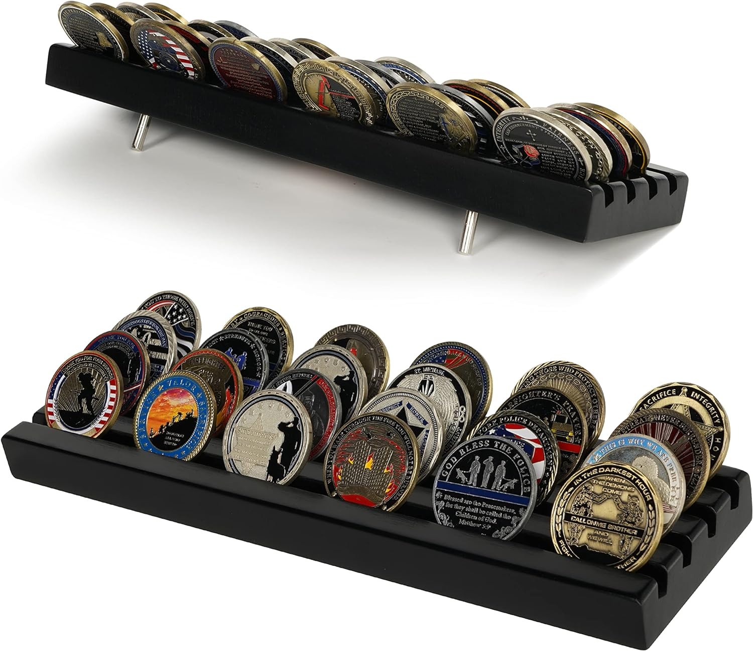 Decowoodo Challenge Coin Holder Display Military Challenge Coin Display Stand Solid Wood 4 Row Coin Rack Holds Military 30 Coins Black Finish