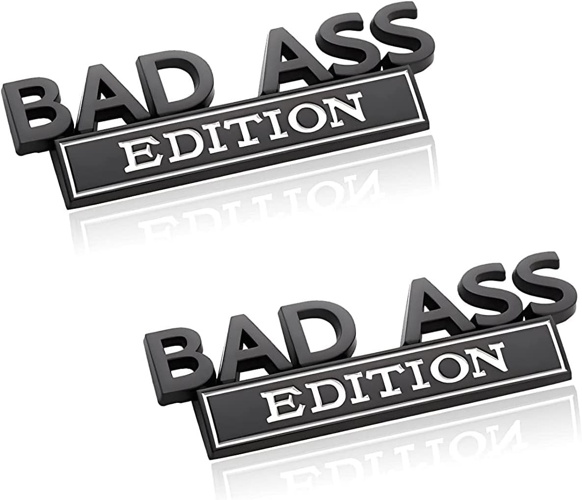 2Pcs Bad Ass Edition Emblem, 3D Chrome Letters Badge Car Sticker and Decal, Car Fender Bumper Hood Trunk Door Car Exterior Emblems Replacement Accessories, Fit for All Cars (Black/White)