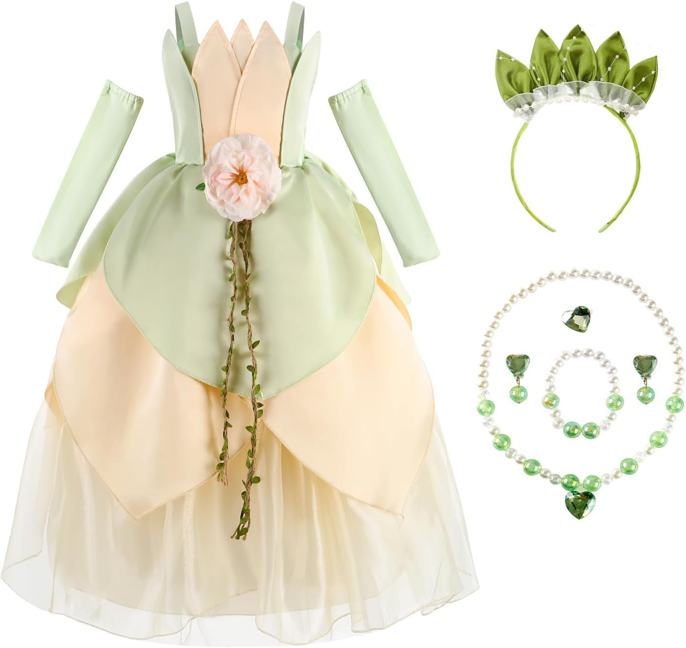 ZALOORIY Princess Tiana Costume for Girls Birthday Halloween Dress up Outfits with Accessories