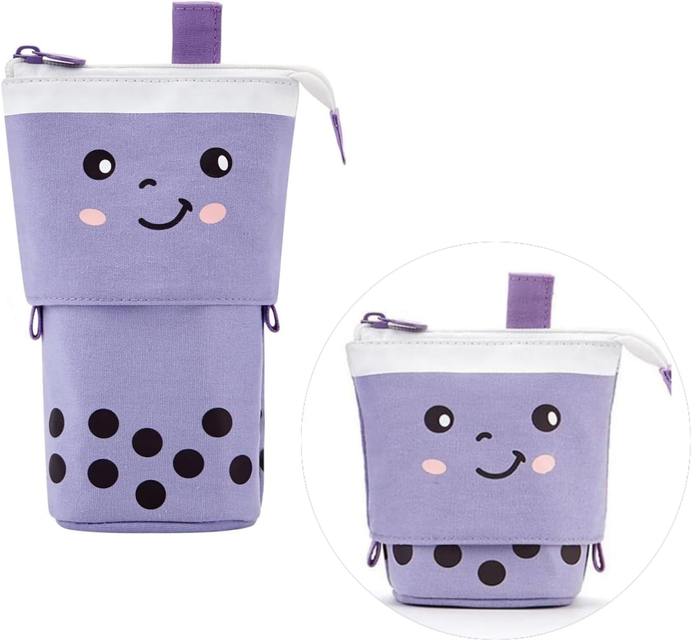 Taicols Cute Milktea Pen Pencil Telescopic Holder Stationery Case, Stand-Up Transformer Bag with Smile Face Dot Organizer, Great for Cosmetics Pouch Makeup Bag, Kawaii Stationary