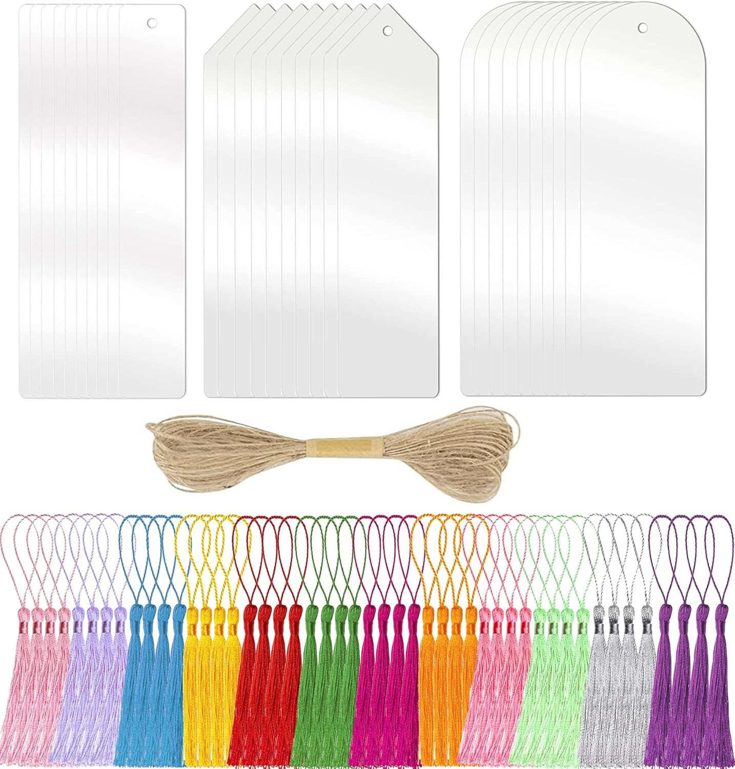 67 Pieces Acrylic Blank Bookmark Set, Betterjonny 30 Pieces Clear Craft Bookmark with 36 Pieces Tassels and 5M Ropes 3 Shapes Unfinished Book Marker Tags for DIY Classroom Projects and Present Tags