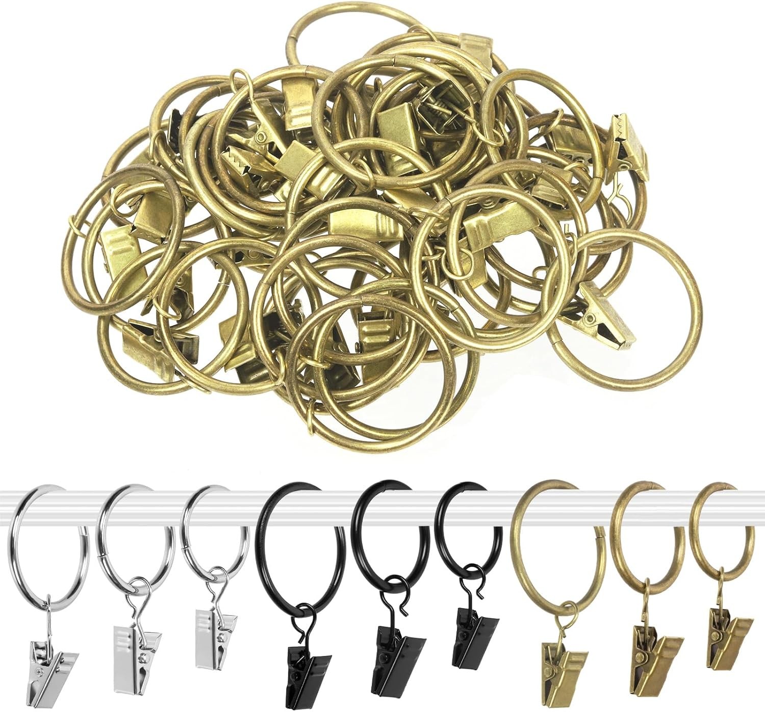 Swpeet 40 Pack Bronze Curtain Rings with Clips, Curtain Clip Rings Hooks, Bow Hanger Clips, Hangers Drapes Rings for Hanging Drapery Drapes Bows, Ring 1.38″ Interior Diameter, Fits up to 1″ Rod